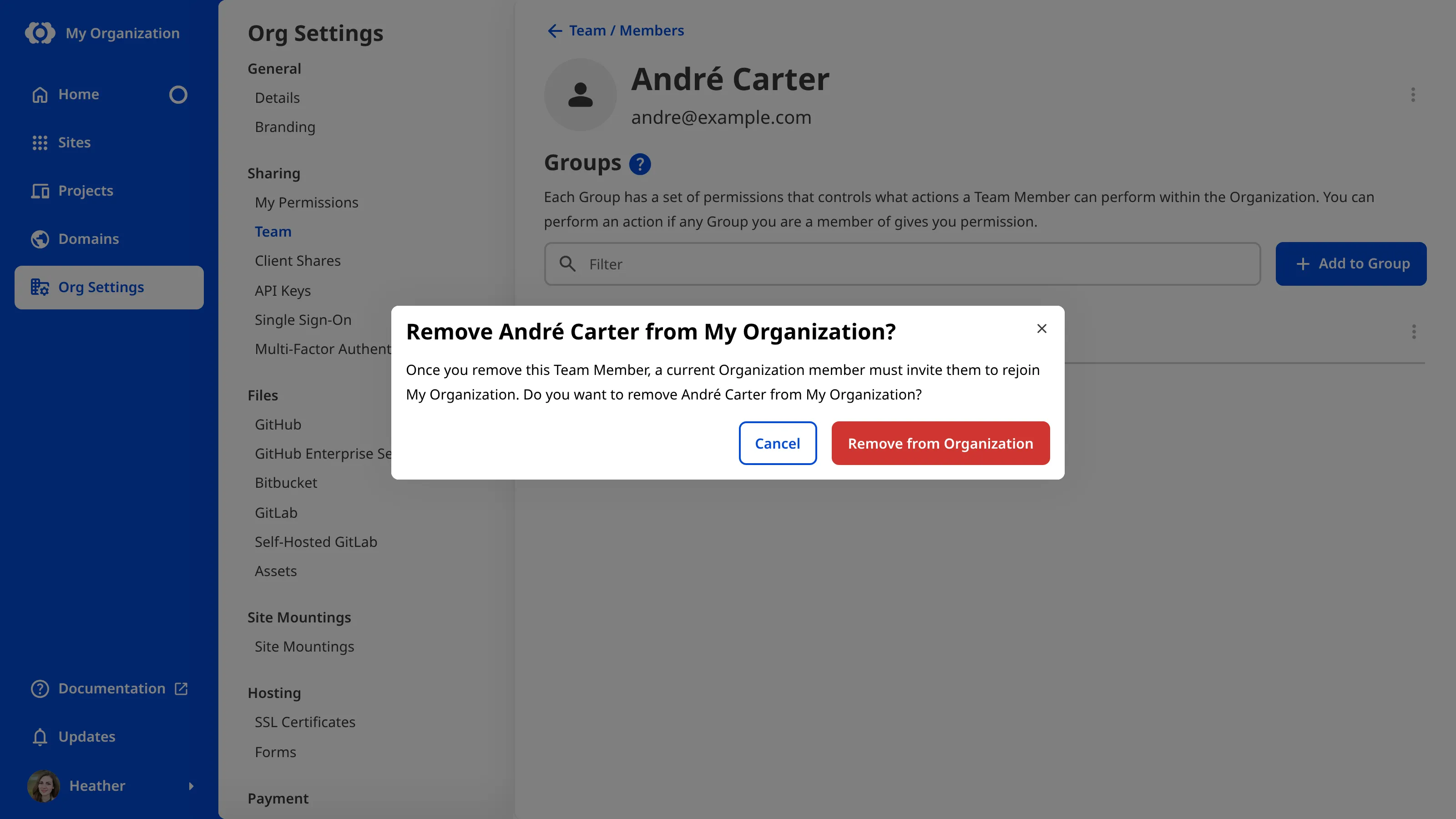 A screenshot of the Remove from Organization confirmation modal shows a message that a current Organization member must invite the removed Team Member to rejoin, with Cancel and Remove from Organization buttons.