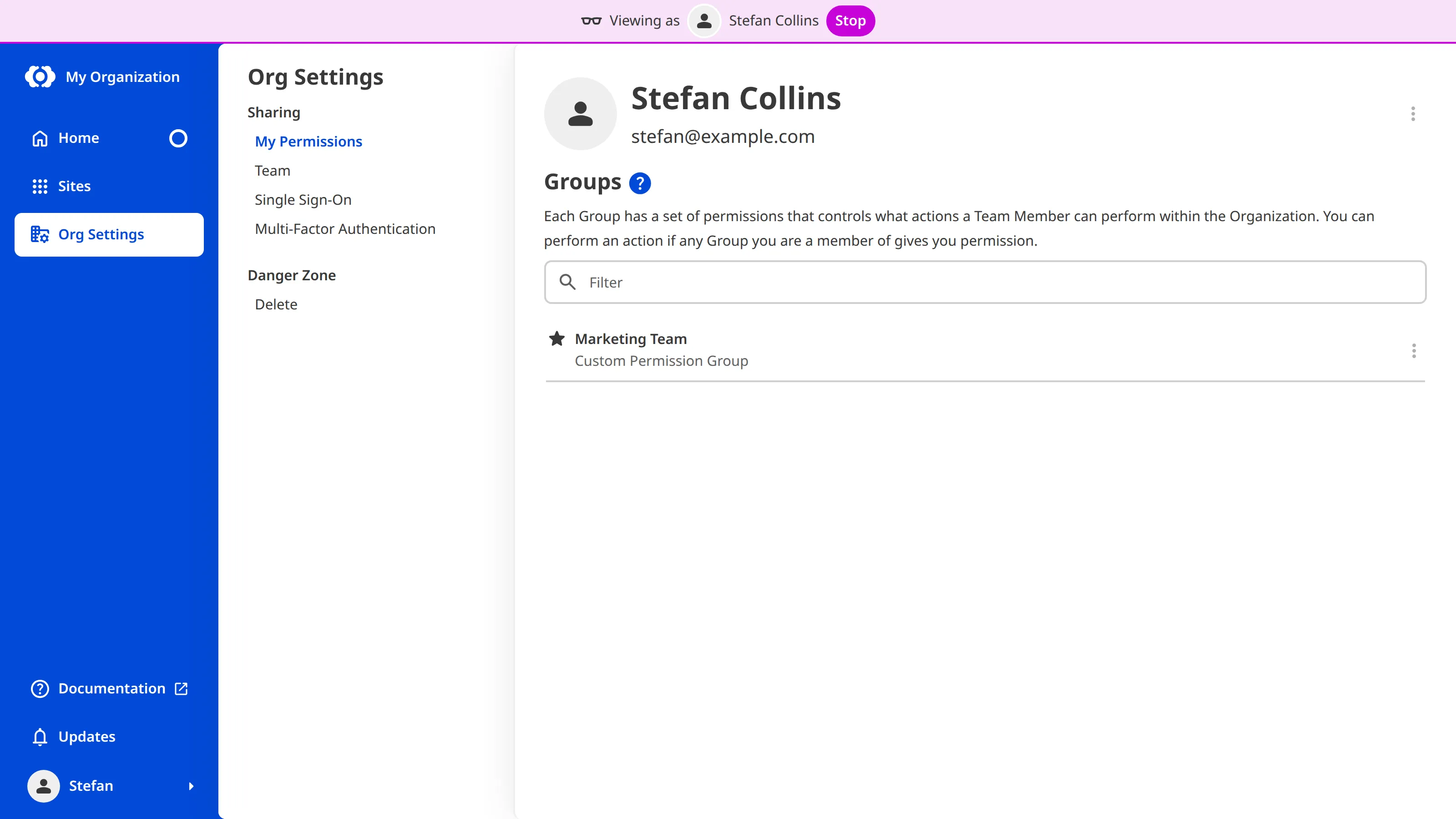 A screenshot of CloudCannon shows the Viewing as banner pinned to the top of the page, with the sidebar and Org Settings reduced to the options the viewed Team Member's permissions allow.