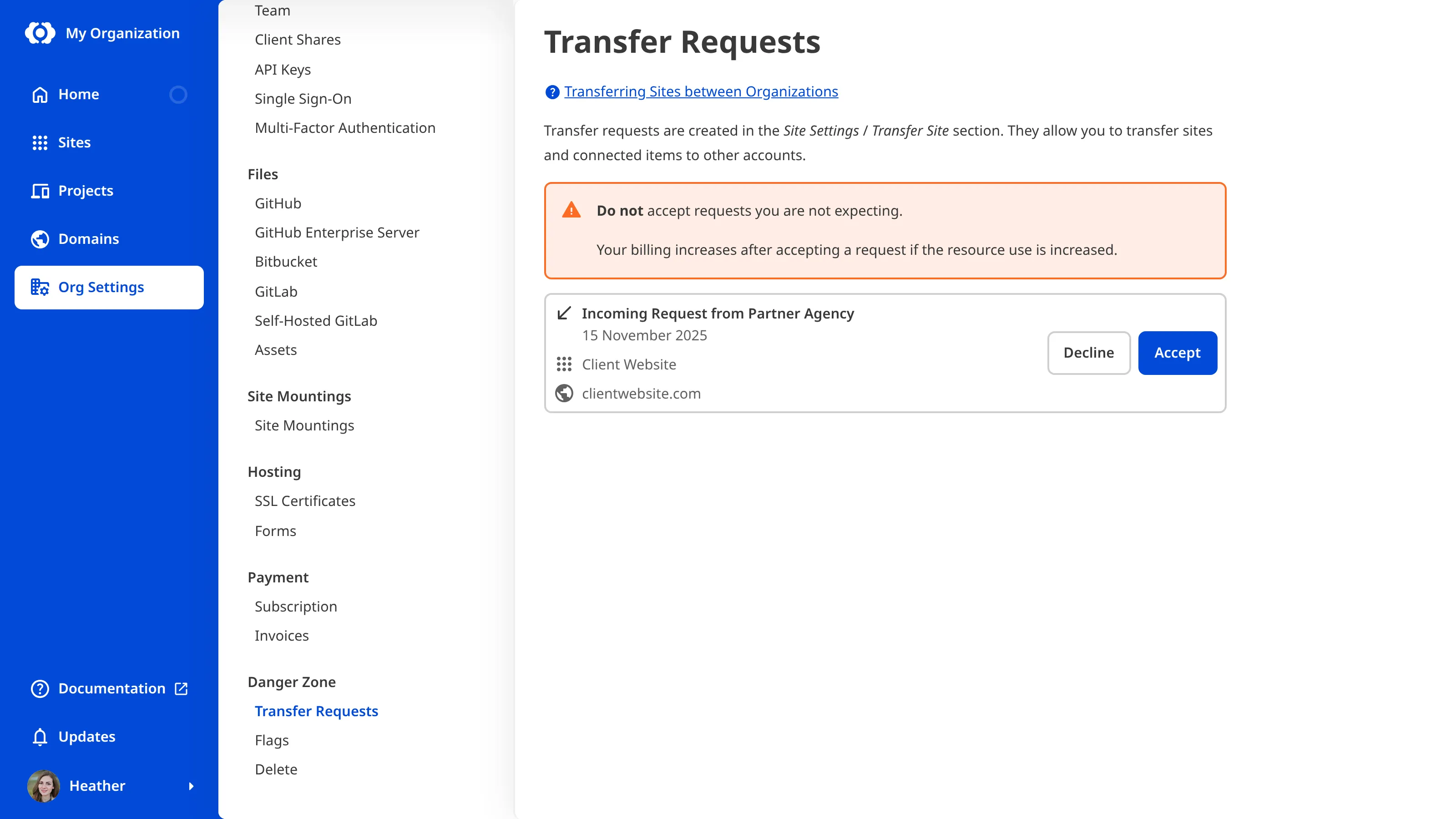 A screenshot of the Transfer Requests page shows an incoming request with an Accept button.