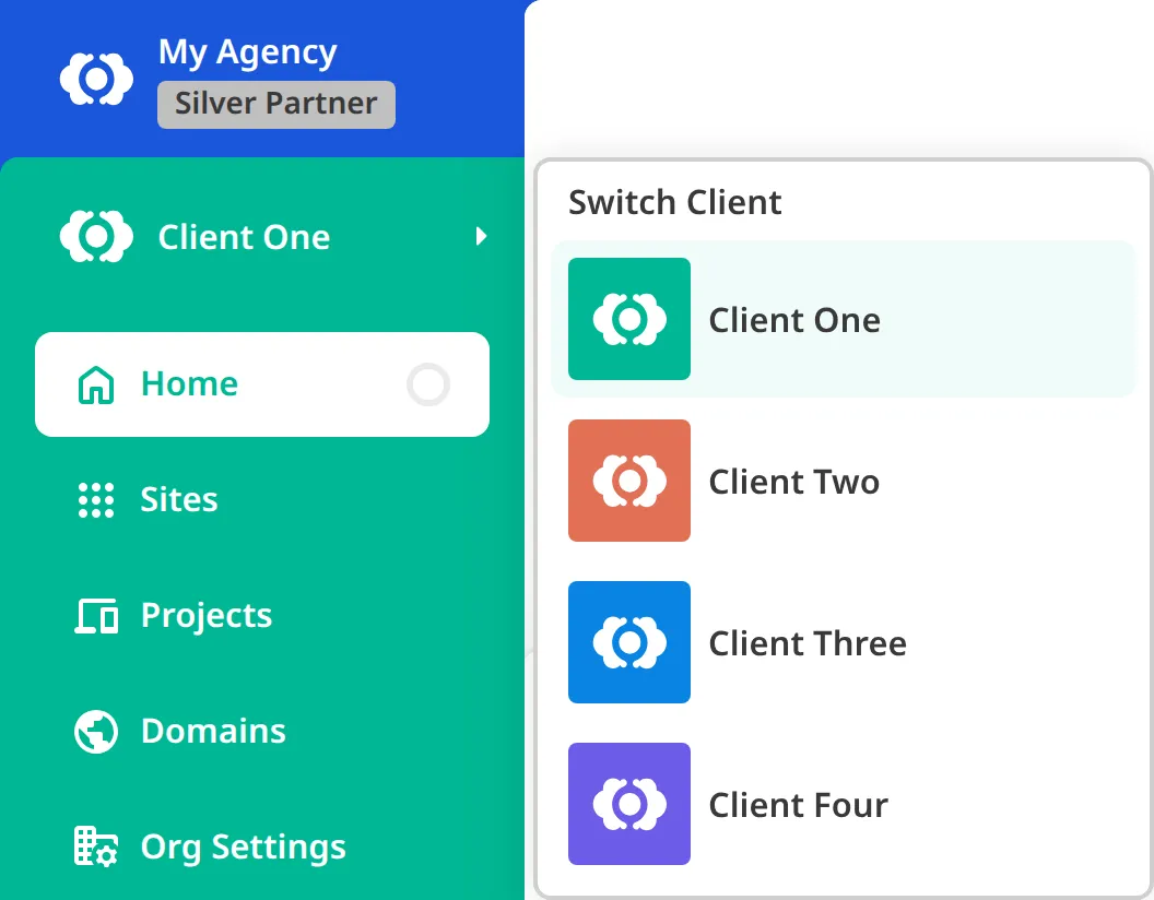 The Switch Client menu inside a Client Organization A screenshot of the App Sidebar shows the Switch Client menu open, listing the partner's Client Organizations, with a Partner Organization card above the current Client Organization card.