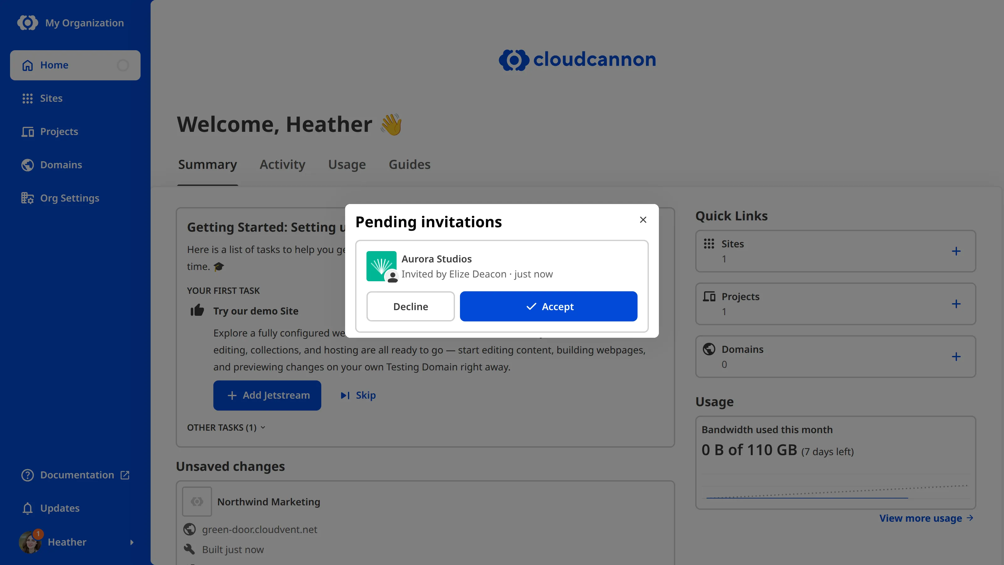 A screenshot of the Pending invitations modal shows one invitation with the name of who invited you, Accept and Decline buttons.