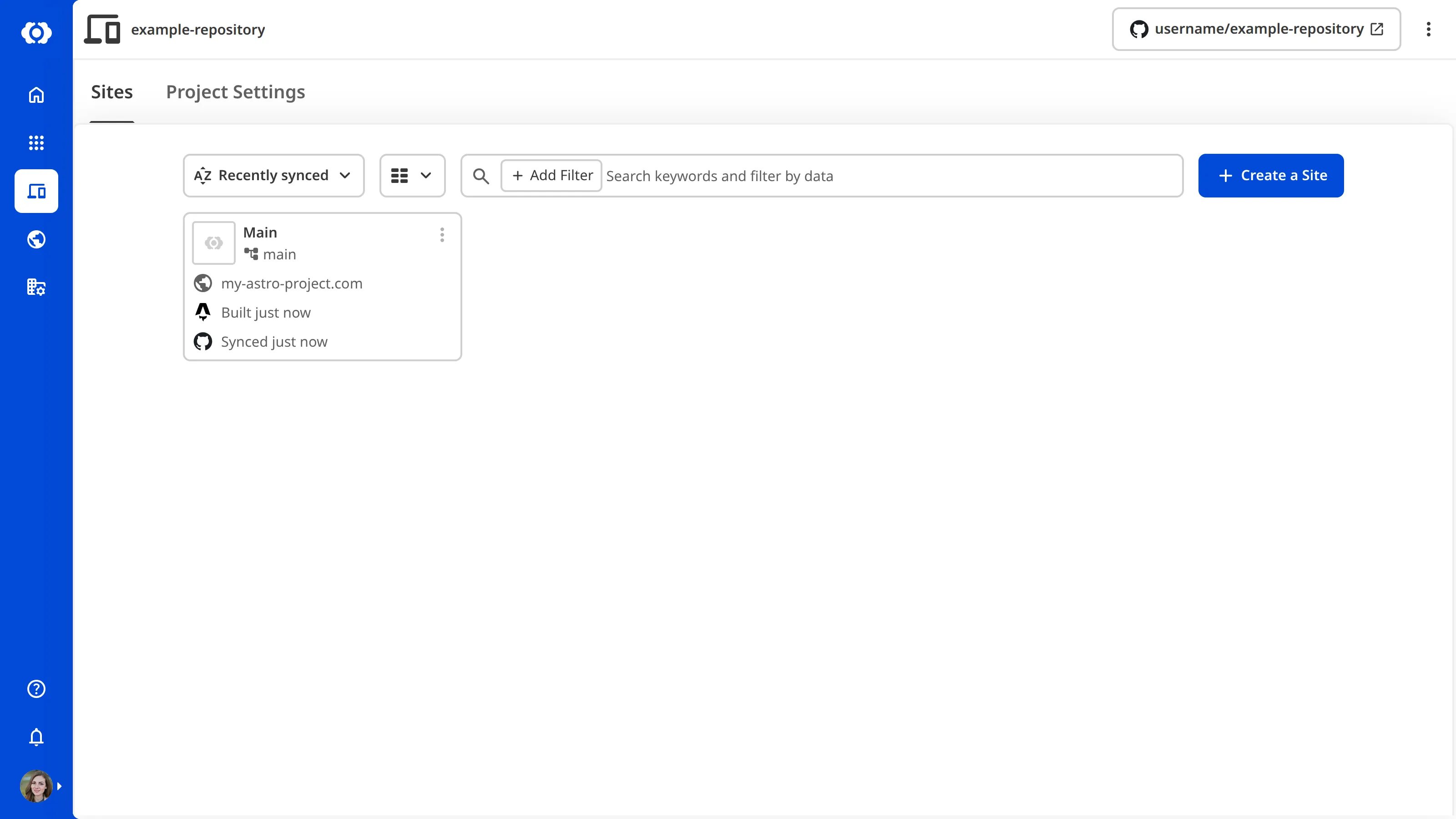 A screenshot of the Project page shows the Sites list with a Create a Site button and one connected Site.