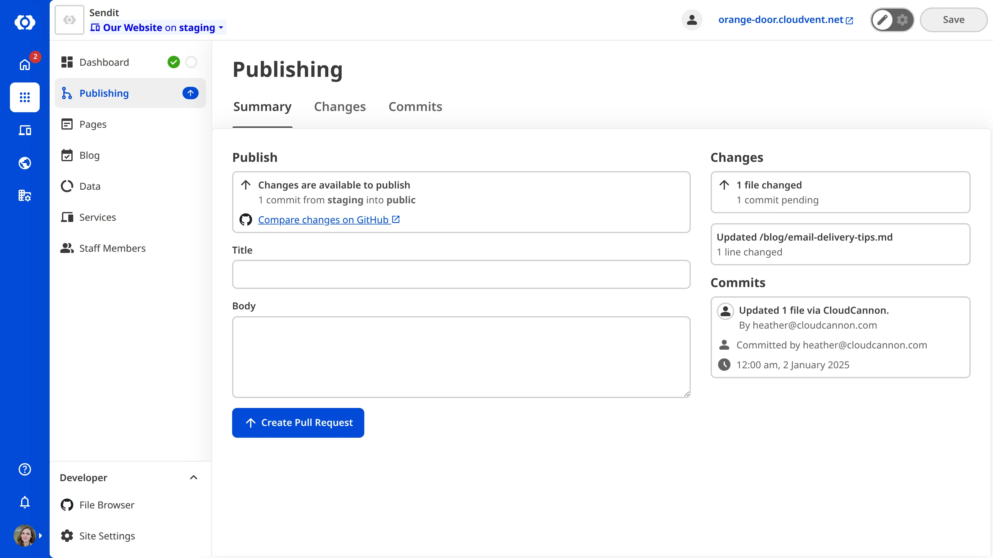 A screenshot of the Publishing Page shows fields for Title and Body, and the Create Pull Request Button.