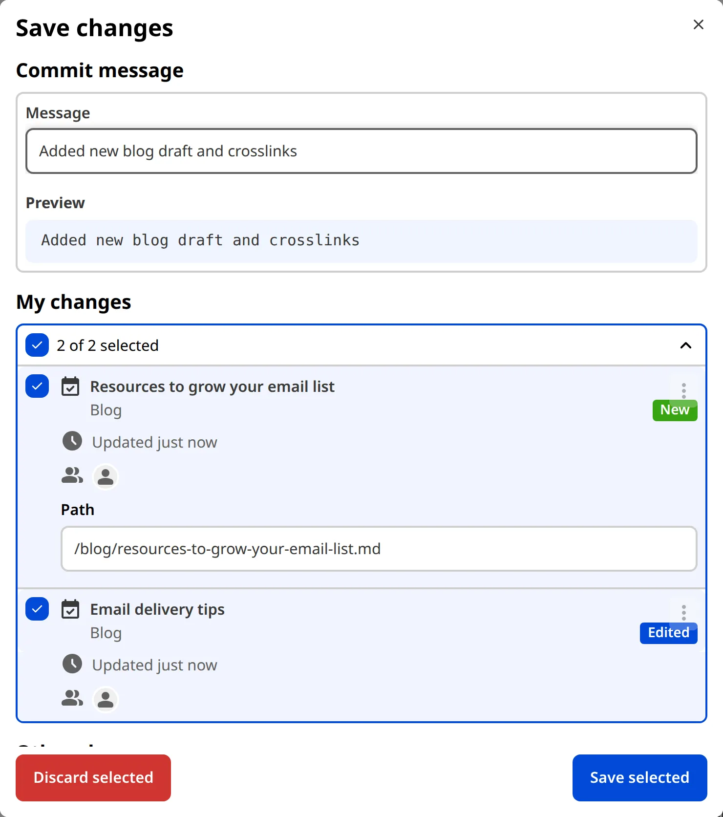 The Save Changes modal with a commit message describing the changes made to the site.