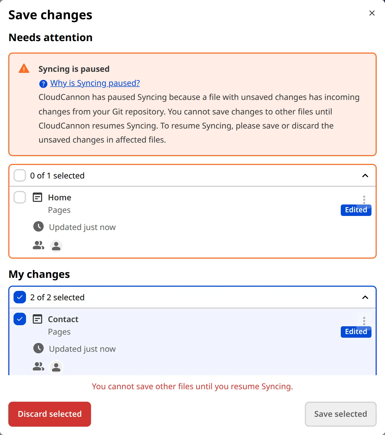 The Review changes modal shows the Needs attention heading with a Syncing is paused warning and an affected file.