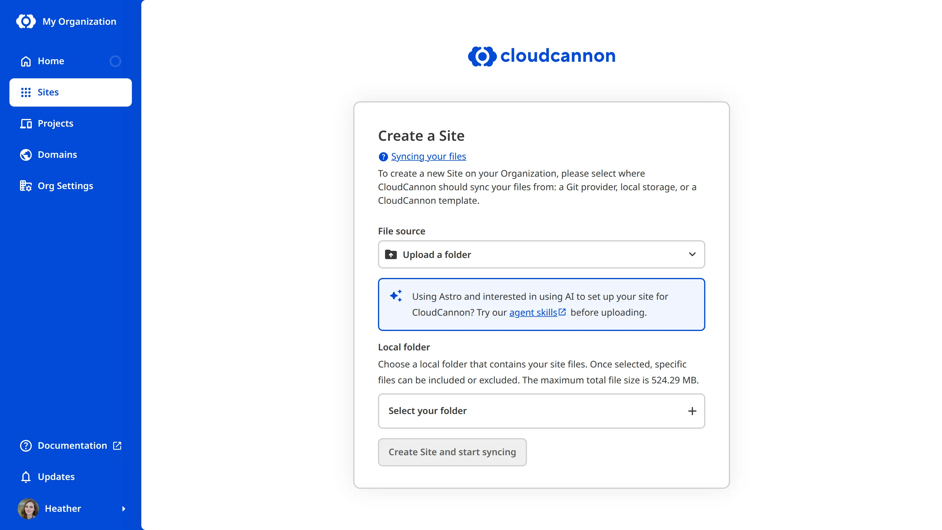Sync step of creating a site to add your files