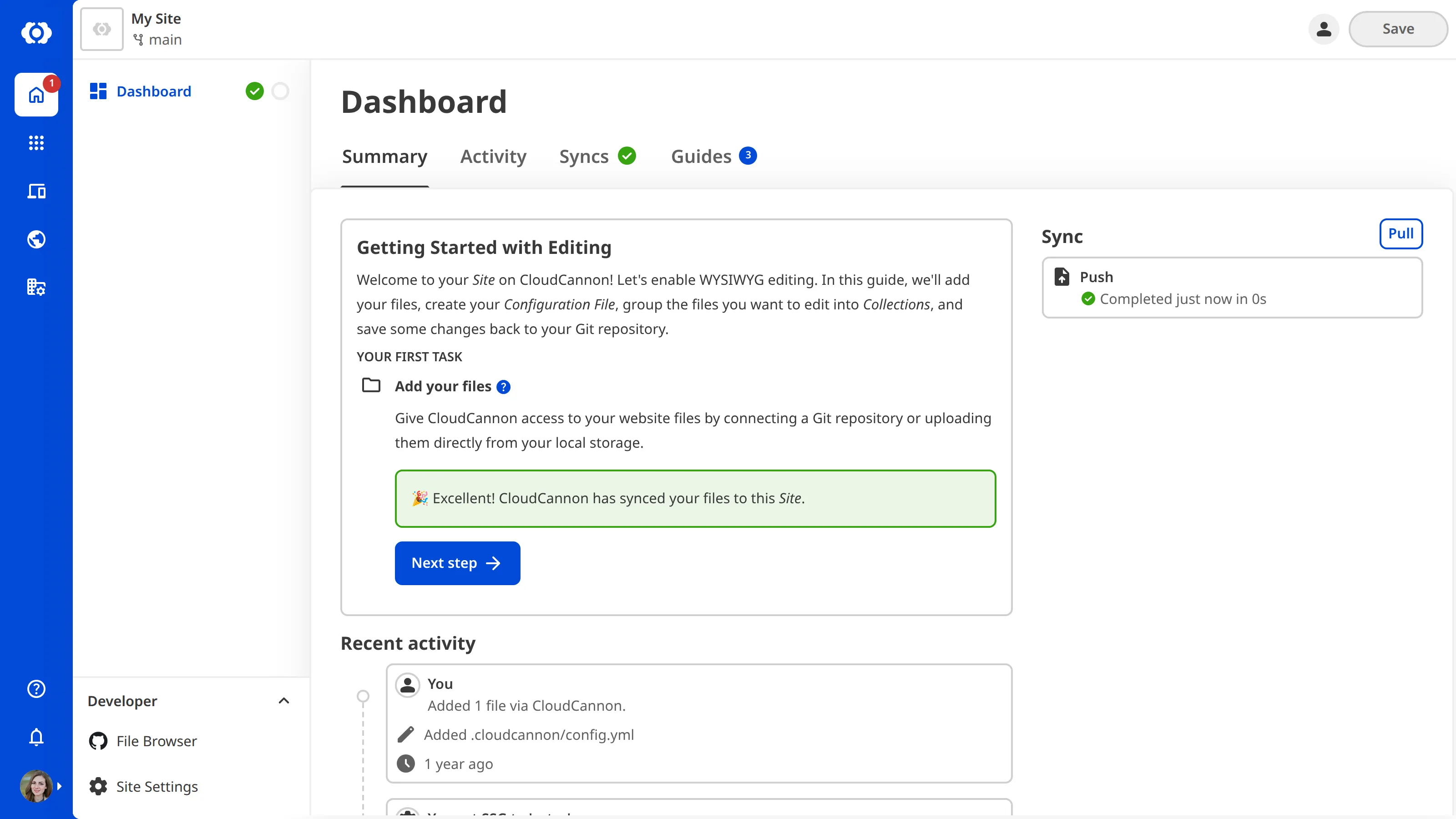 A screenshot of the Site Dashboard shows the Getting Started with Editing guide with a task to Add your Files.