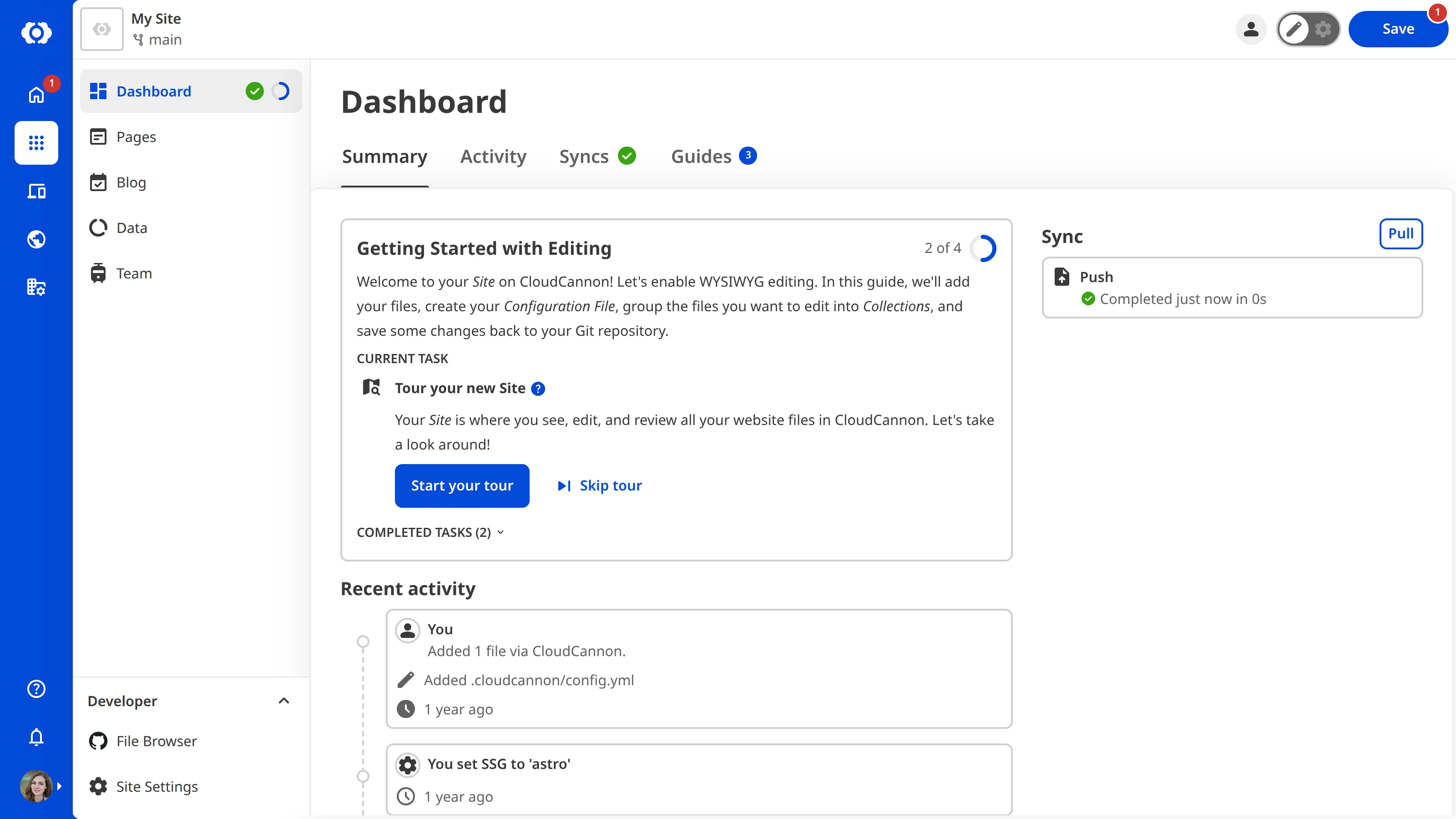 A screenshot of the Site Dashboard shows the Getting Started in-app guide with a task to Tour your new Site.