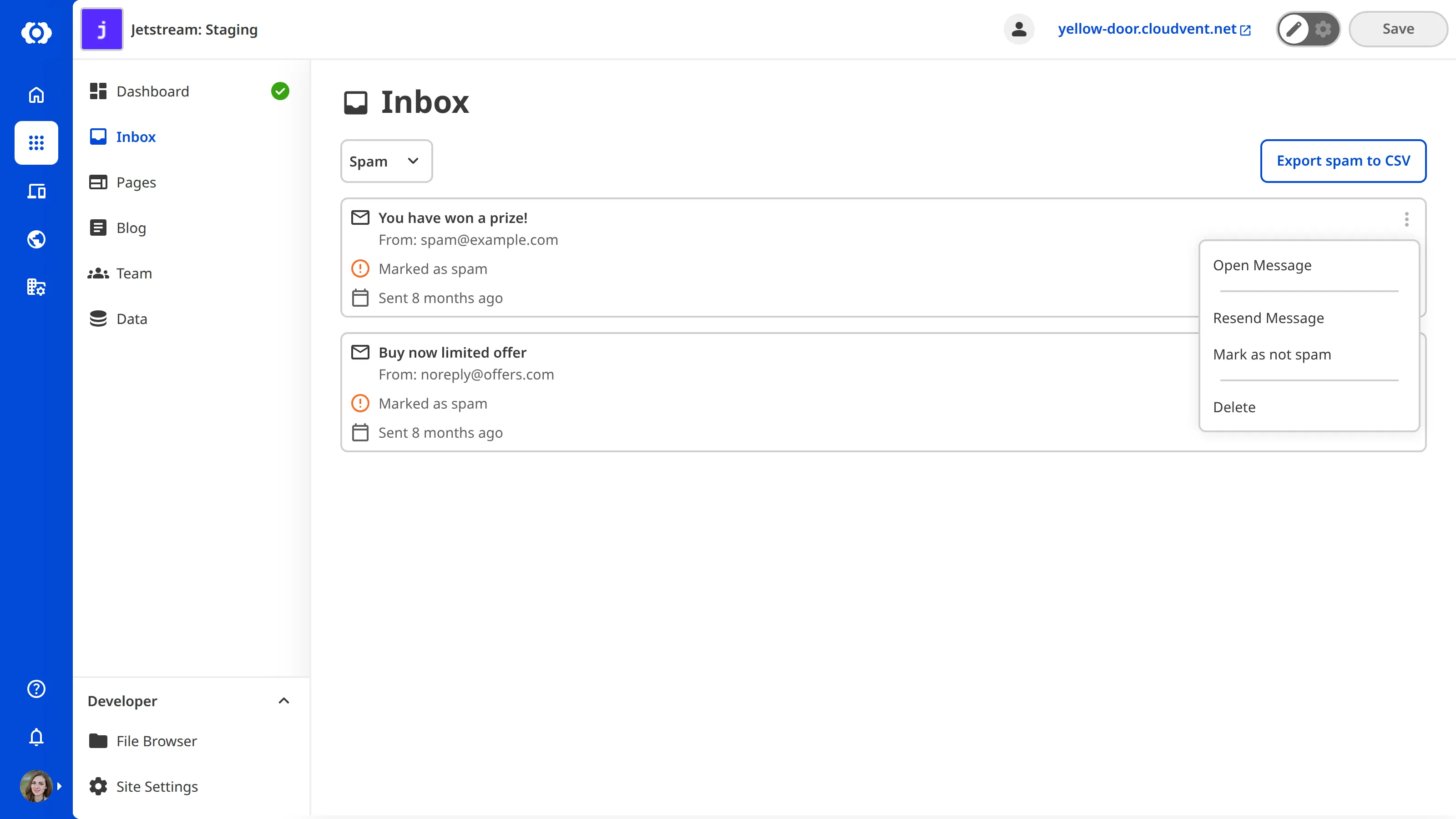 A screenshot of the Inbox shows the Spam category with a context menu open on a submission, providing options to manage the submission.