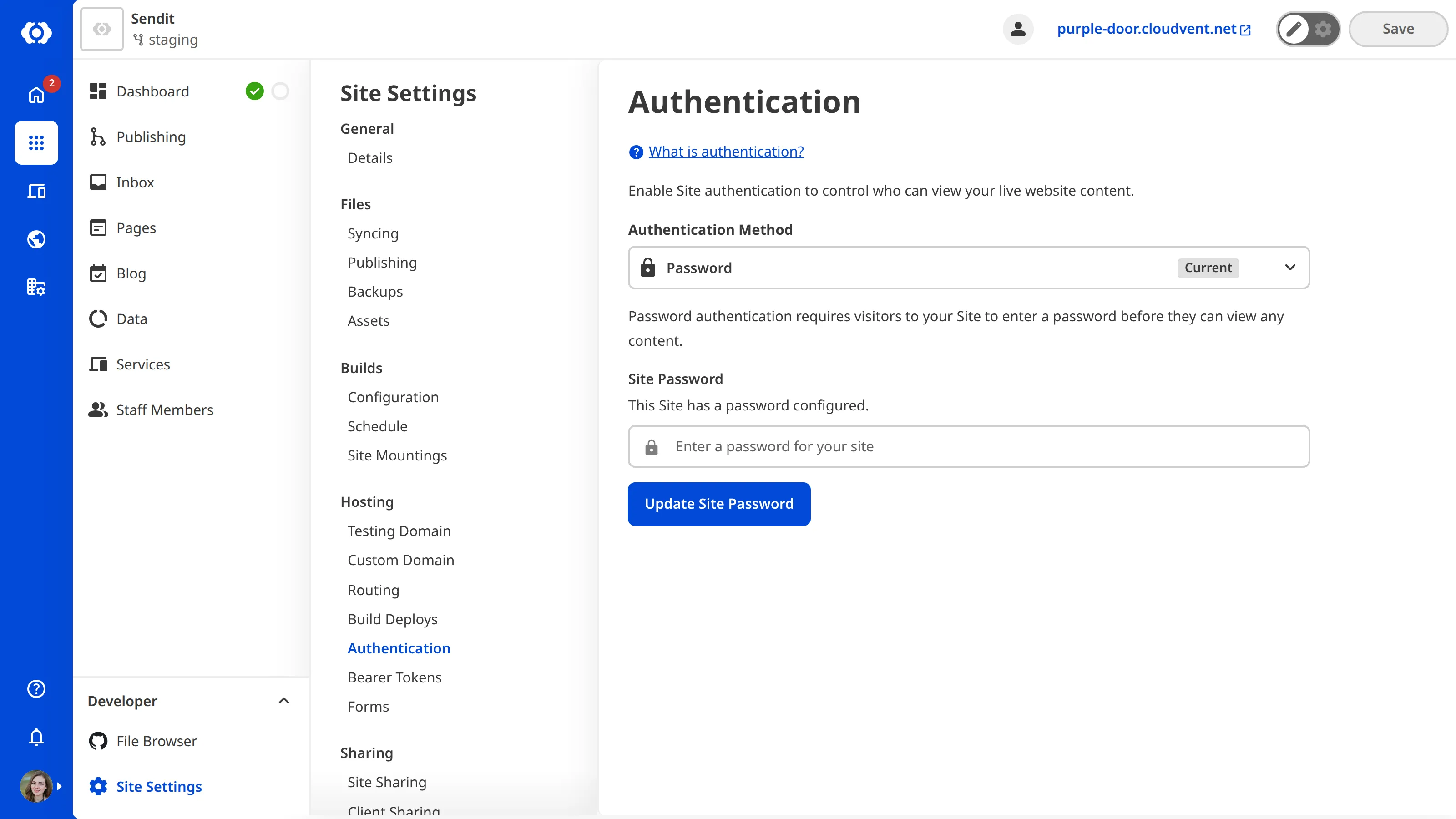 The Authentication Page A screenshot of the Authentication page shows a this Site has a password set.