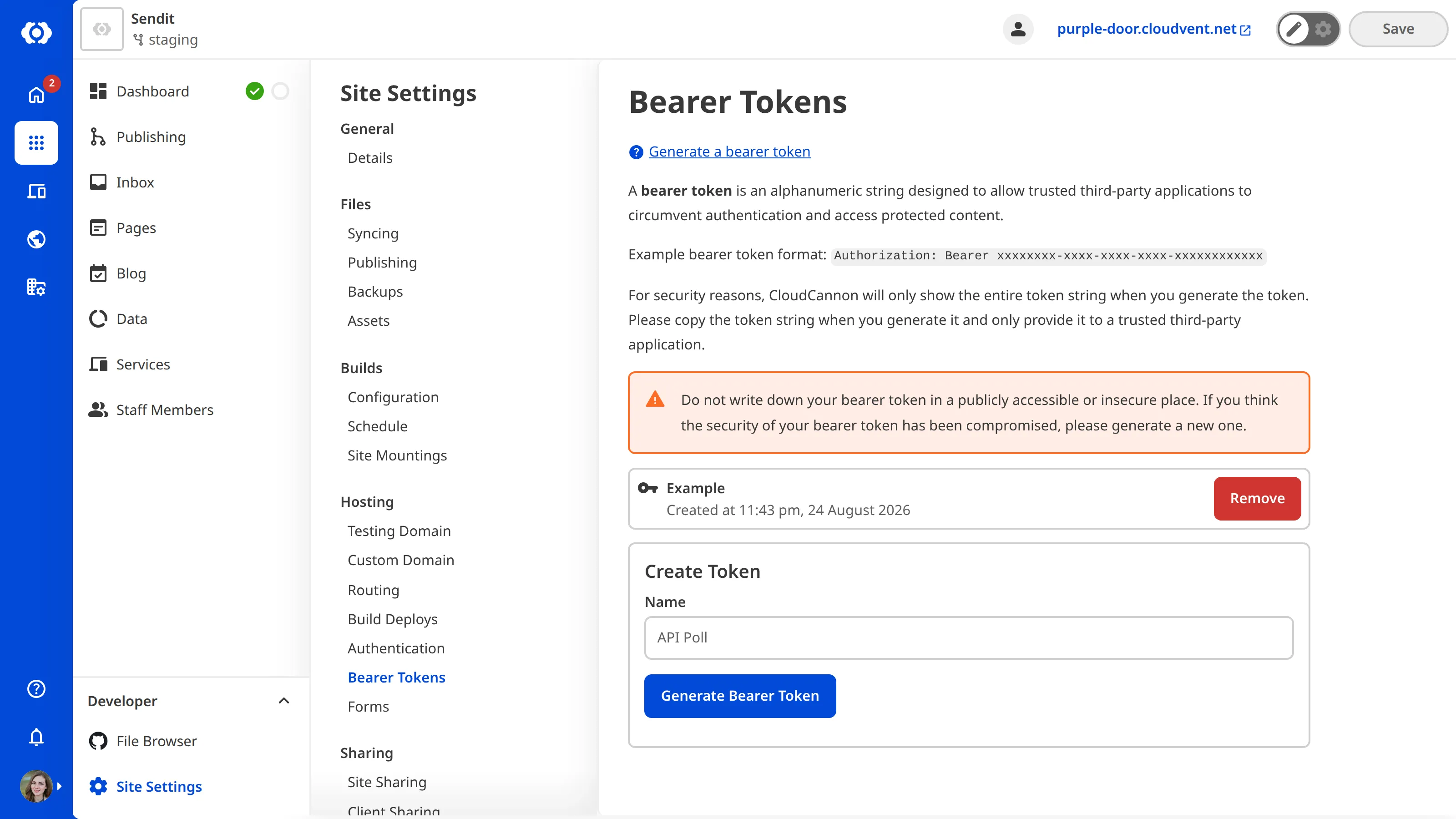 A screenshot of the Bearer Token page under Site Settings shows one bearer token has been generated for this Site.