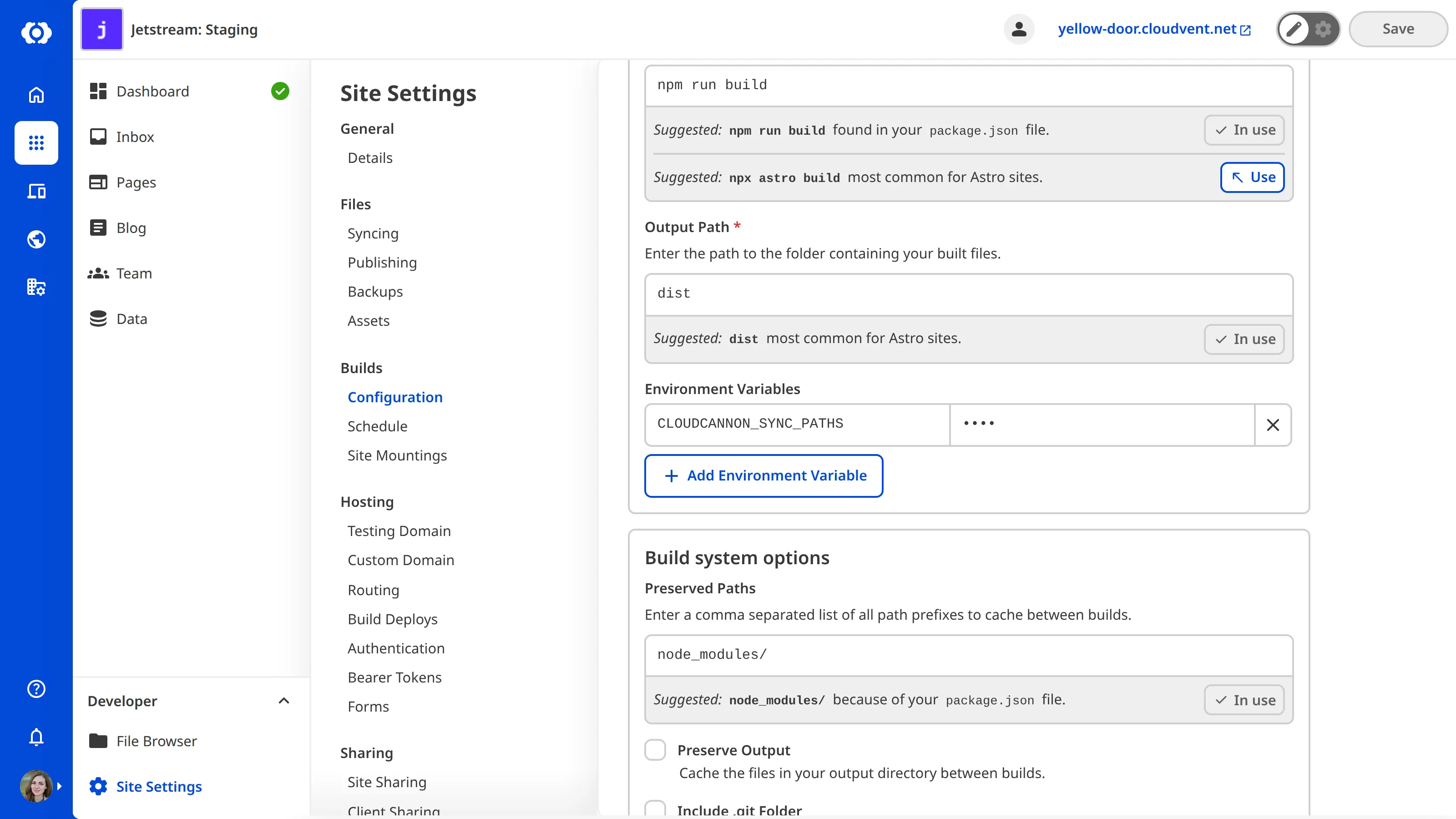 The Build Settings sync paths Screenshot of build settings with sync paths configured