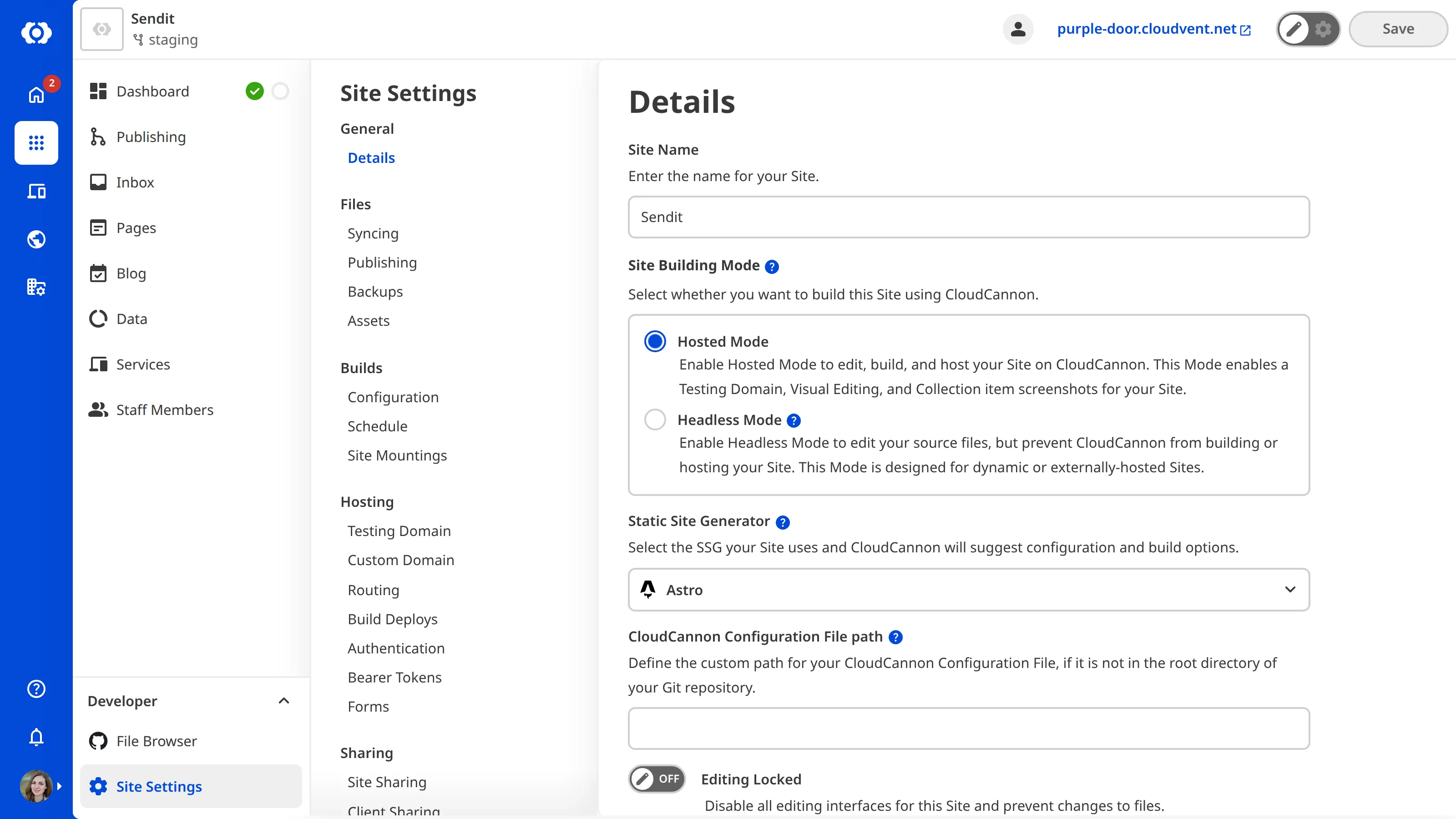 A screenshot of the Details page shows the Mode field with radio buttons for Hosted and Headless.