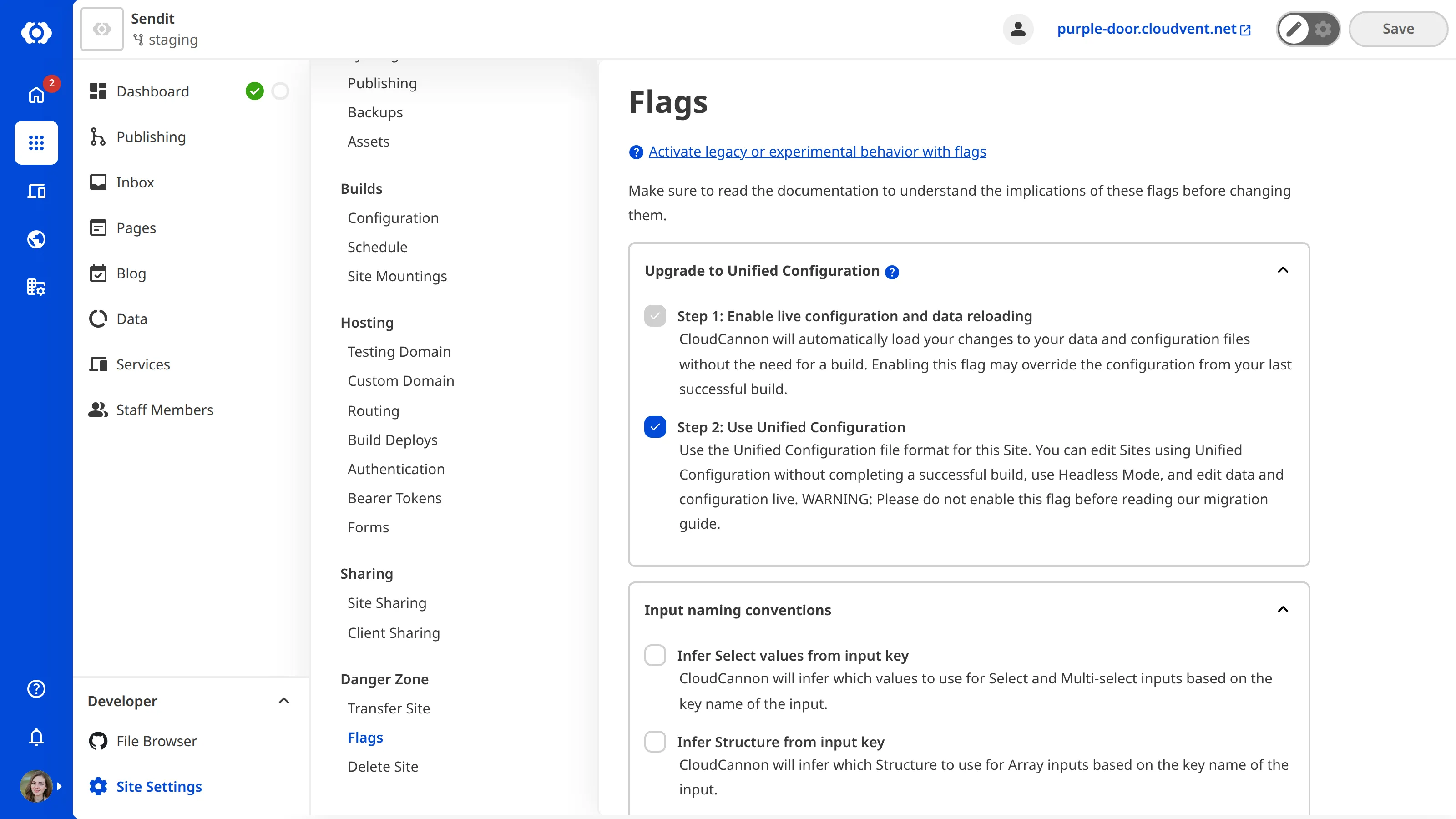 A screenshot of the Flags page in your Site Settings shows three checkboxes for enabling opt-in behavior in CloudCannon.