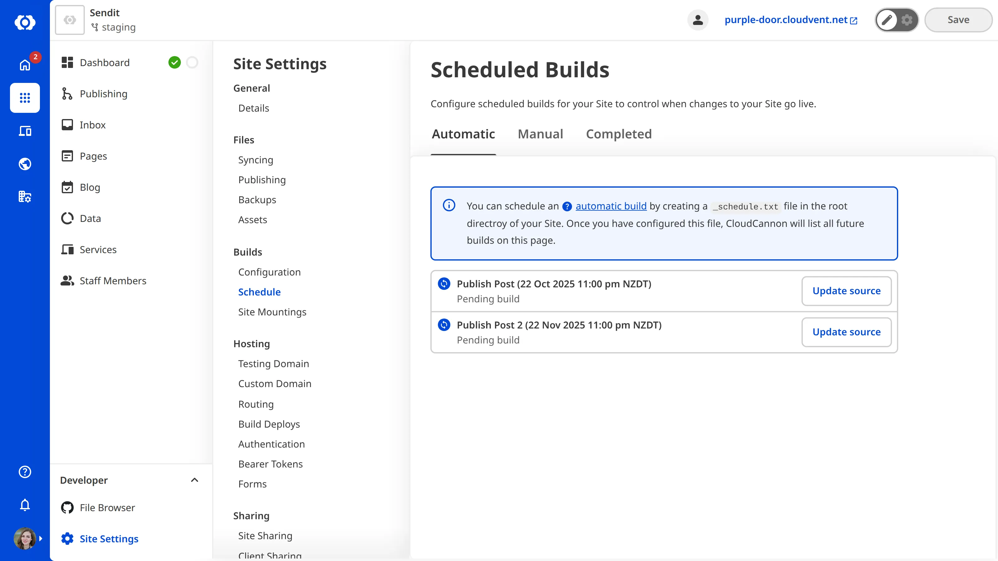 Automatic Builds Schedule interface