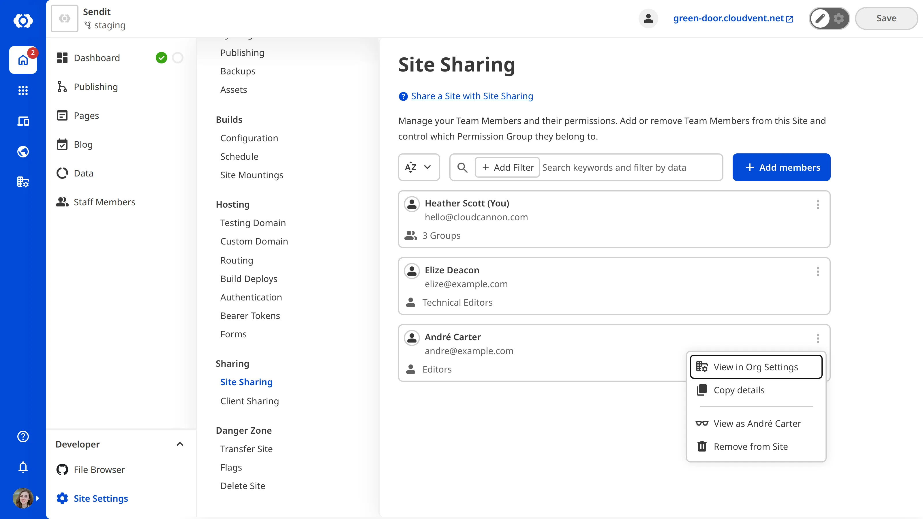 A screenshot of the Site Sharing page showing a team member's context menu open, displaying the Remove from Site option.
