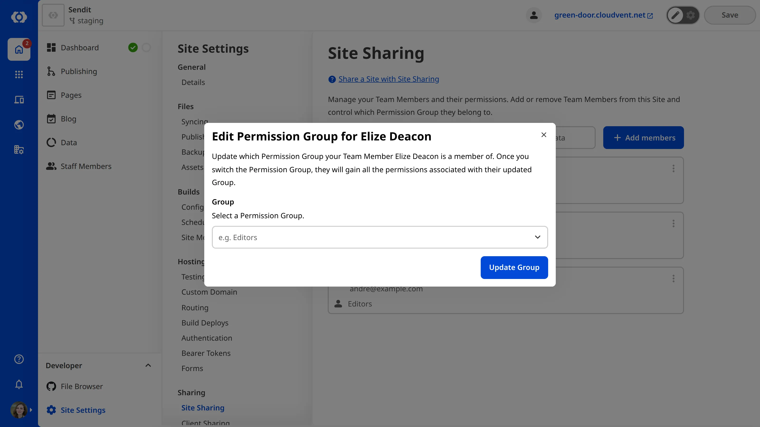 A screenshot of the Edit Permission Group modal shows one field to select which Site Sharing Permission Group a team member belongs to.