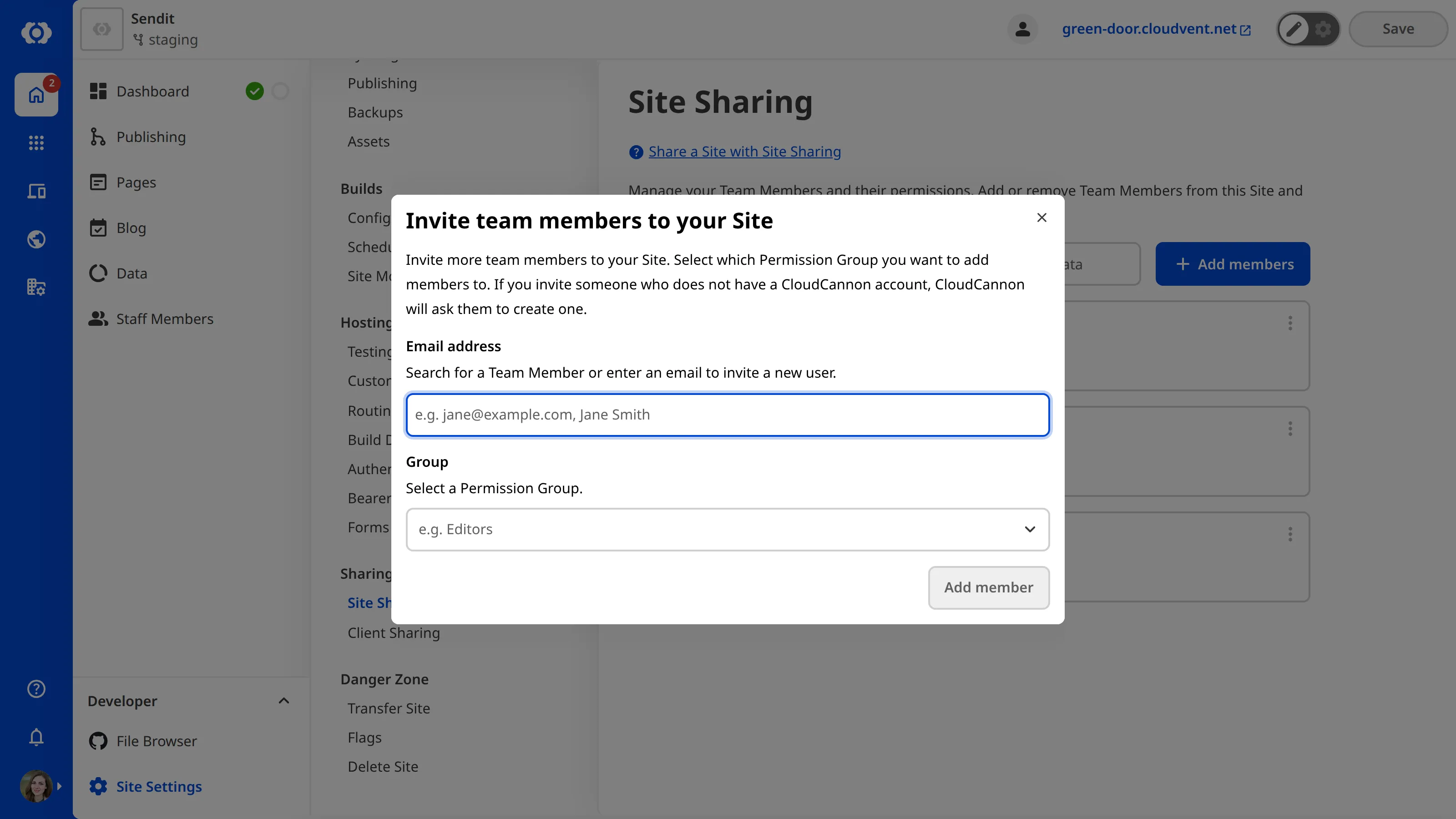 A screenshot of the Invite Team Members to Site modal shows two fields, one for names and one for Permission Groups.