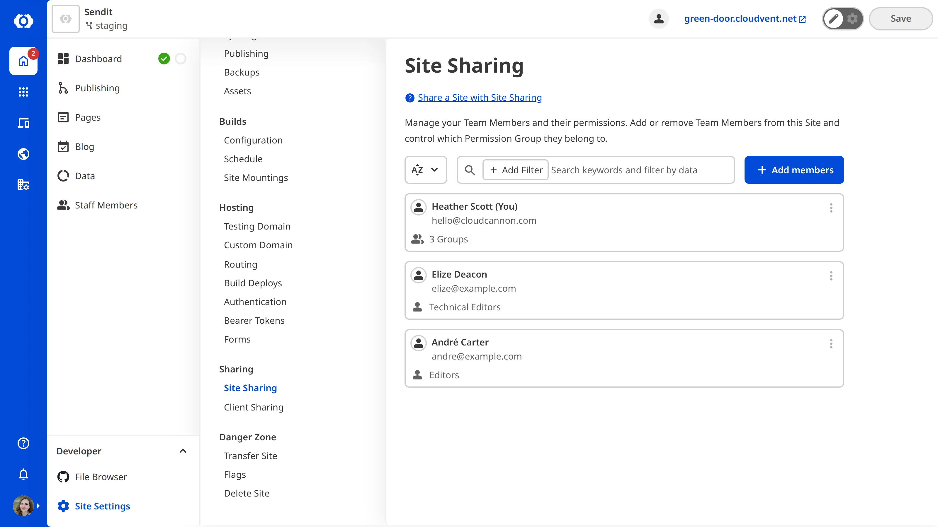 A screenshot of the Site Sharing page shows team members who have access to this site.