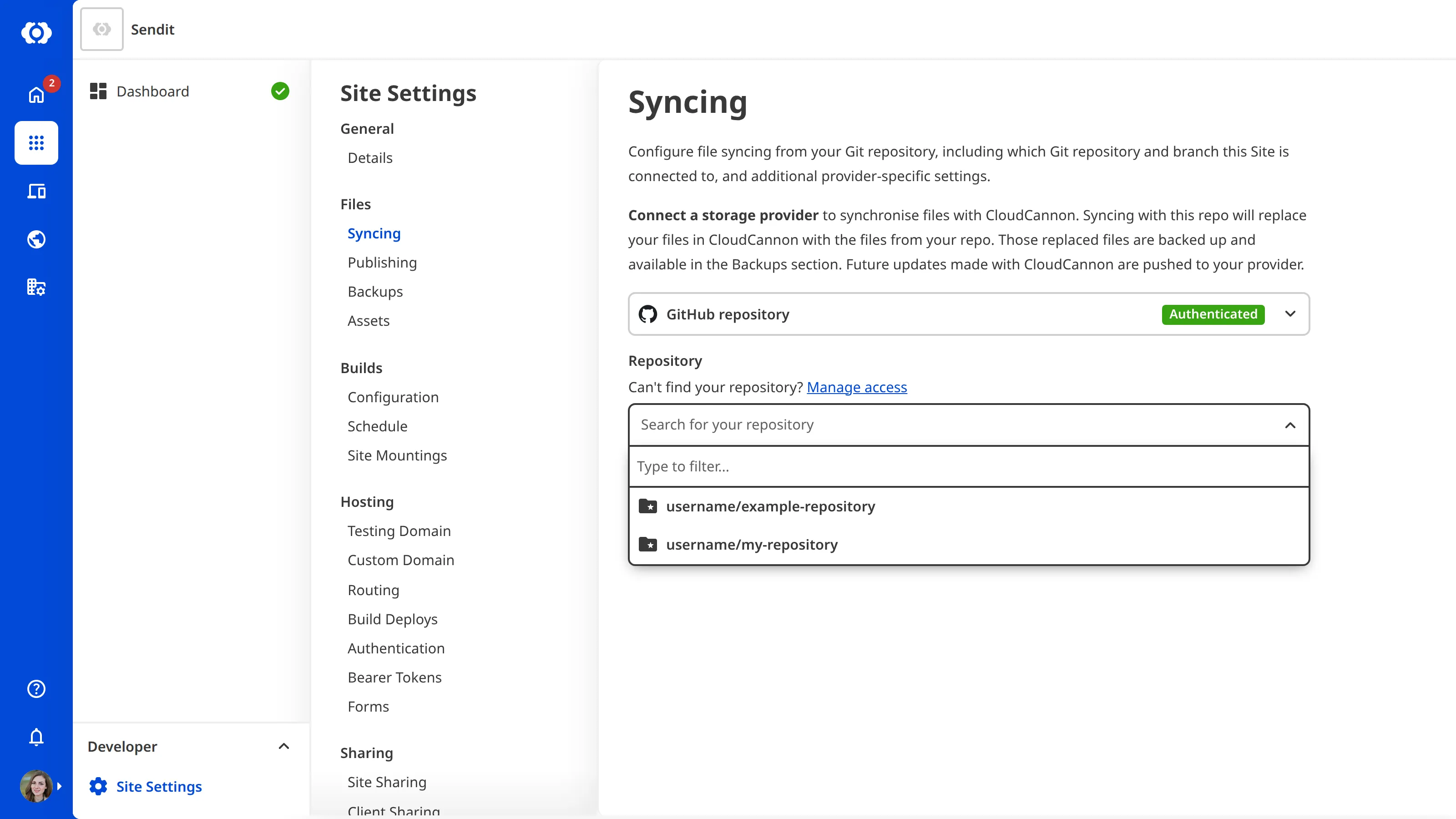 The Site Settings Syncing page with GitHub authenticated and a prompt to install the GitHub App to grant repository access.