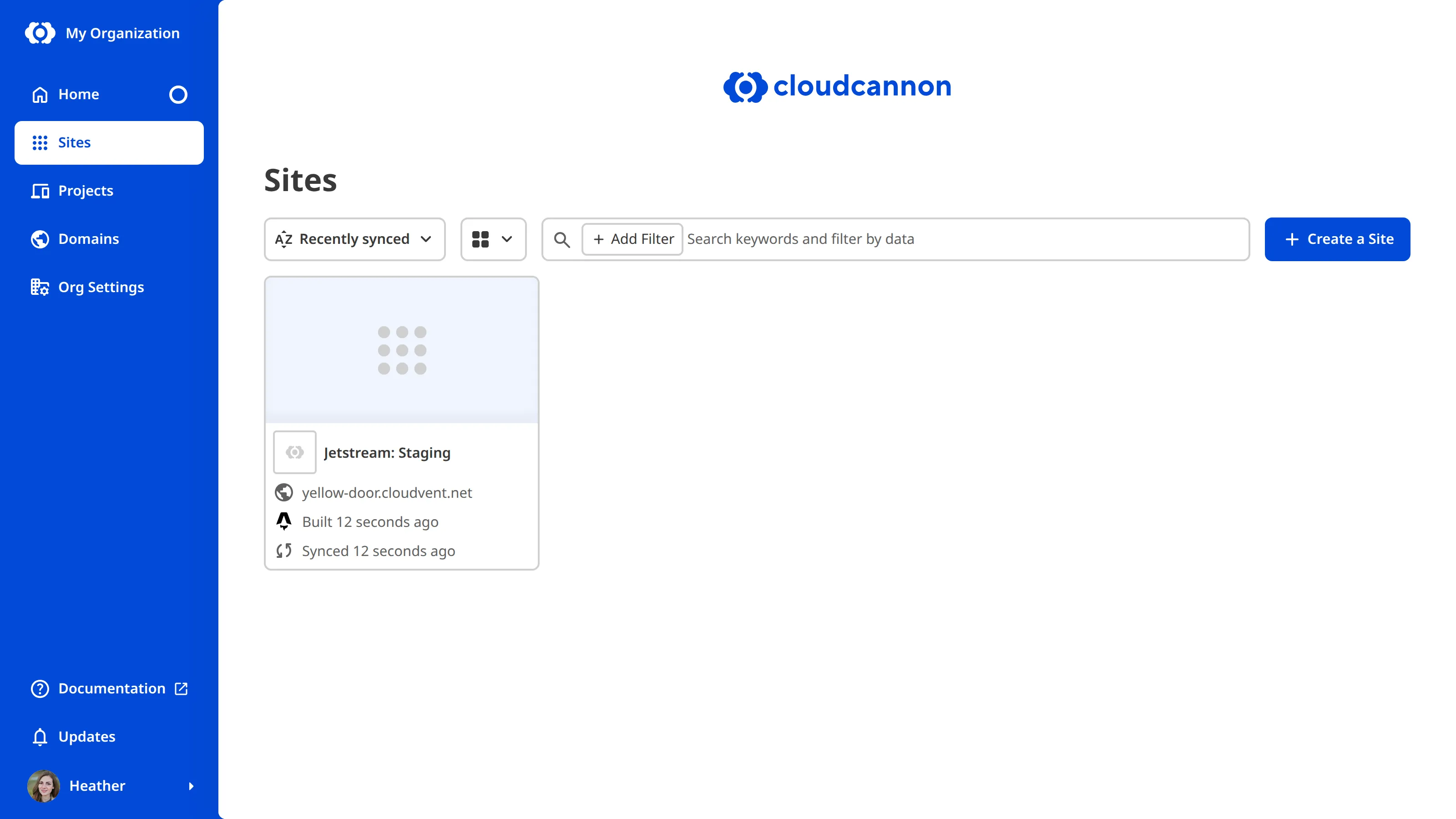 A screenshot of the Sites Browsers shows one Site and the + Create a Site button in the top right.