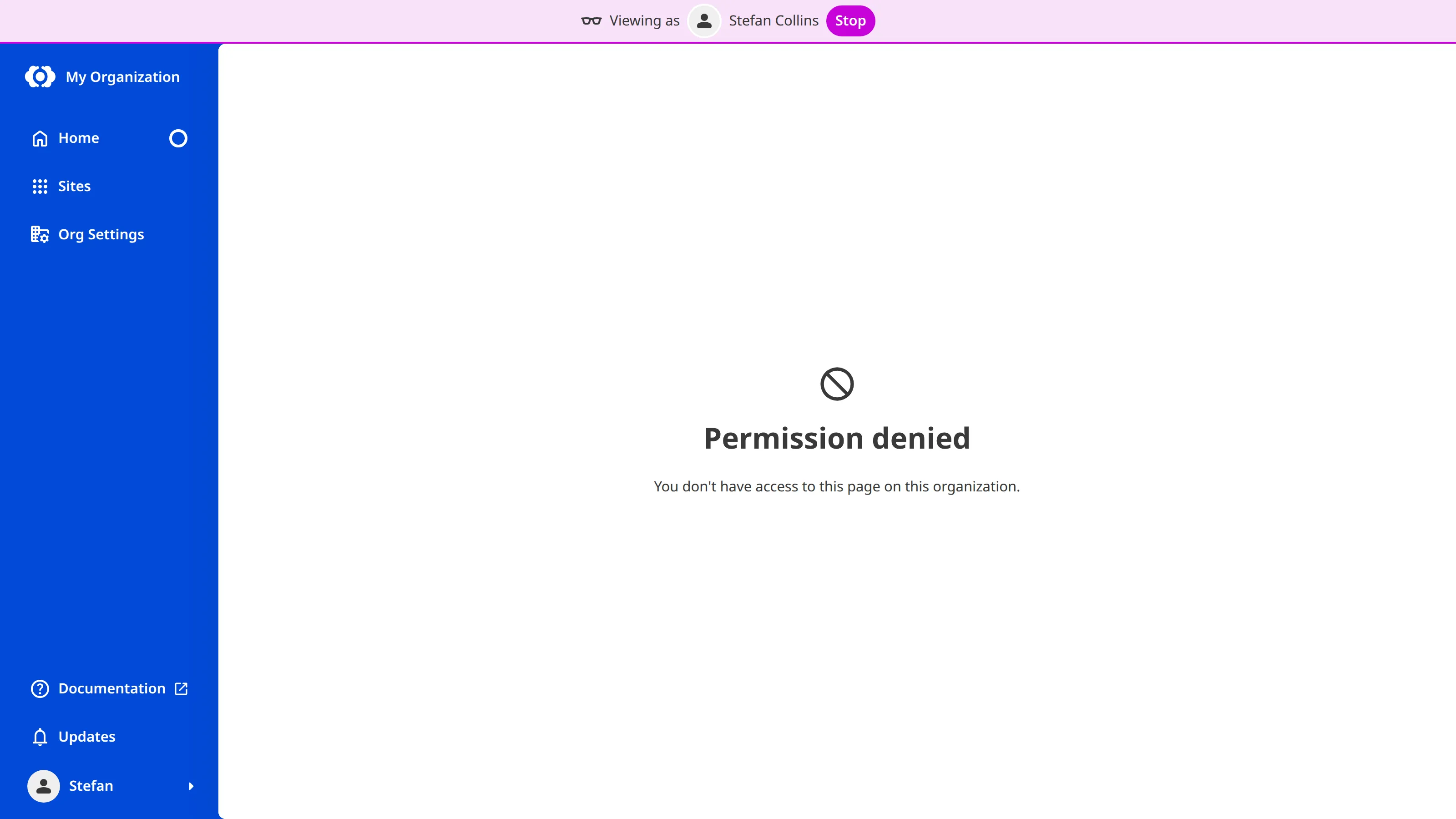 A screenshot of CloudCannon shows the Permission denied message that appears when you open a page the viewed Team Member cannot access.