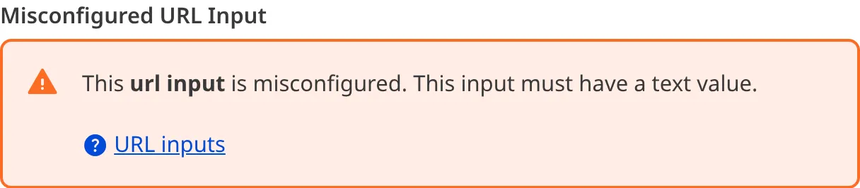 A screenshot of a misconfigured URL input in the Data Editor shows an orange warning box.