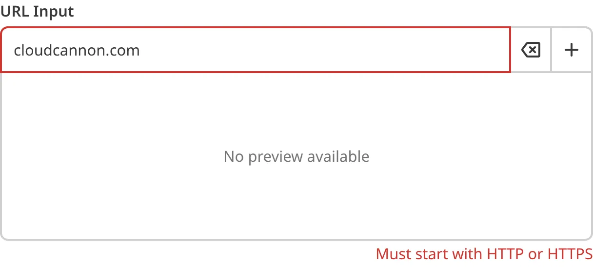 A screenshot of the URL Input in the Data Editor shows an error message as the value does not match the configured pattern.