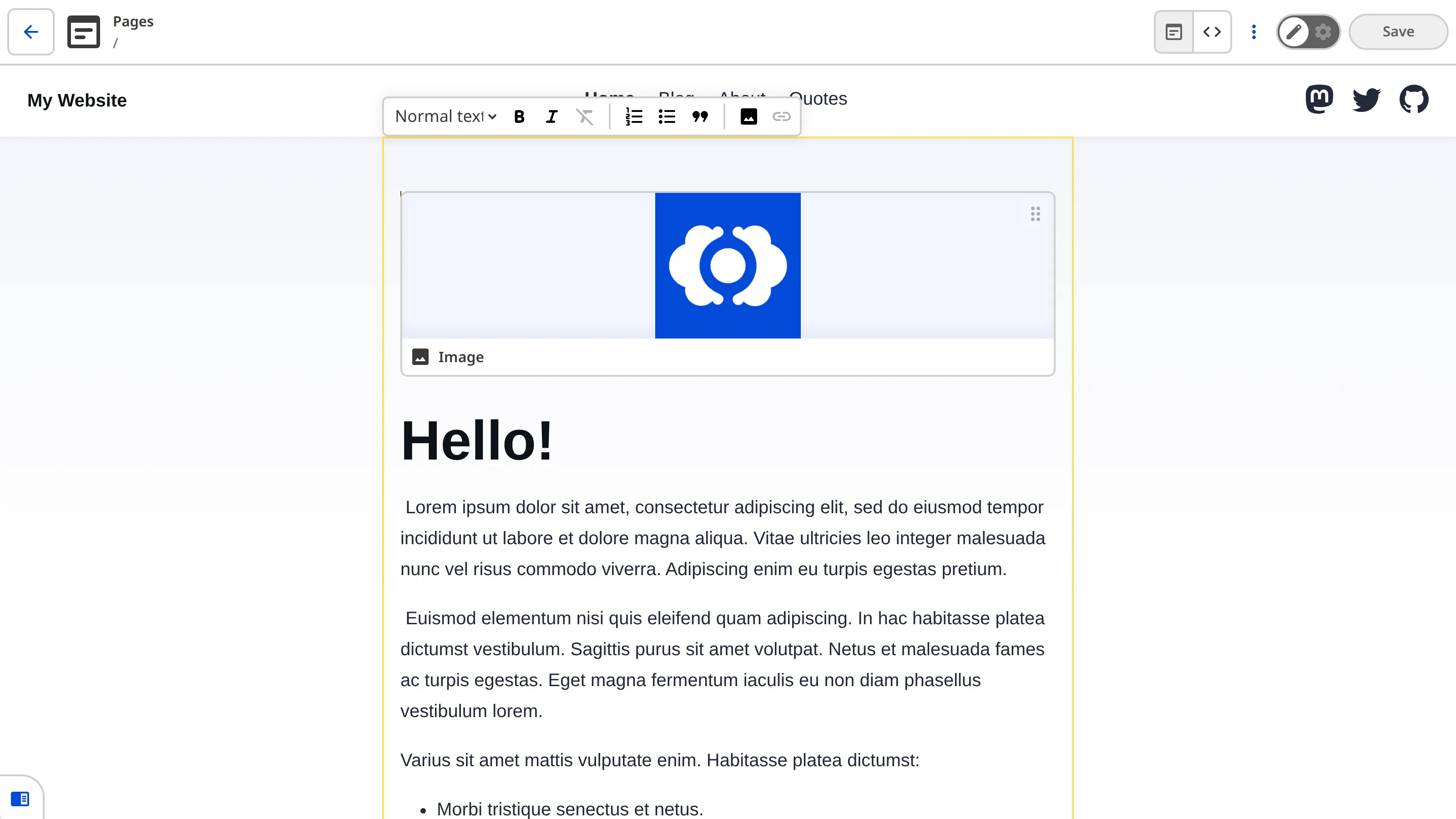 Source Editable Region in the Visual Editor A screenshot of the Visual Editor shows yellow Editable Region boxes around the rich text content on the Home webpage.