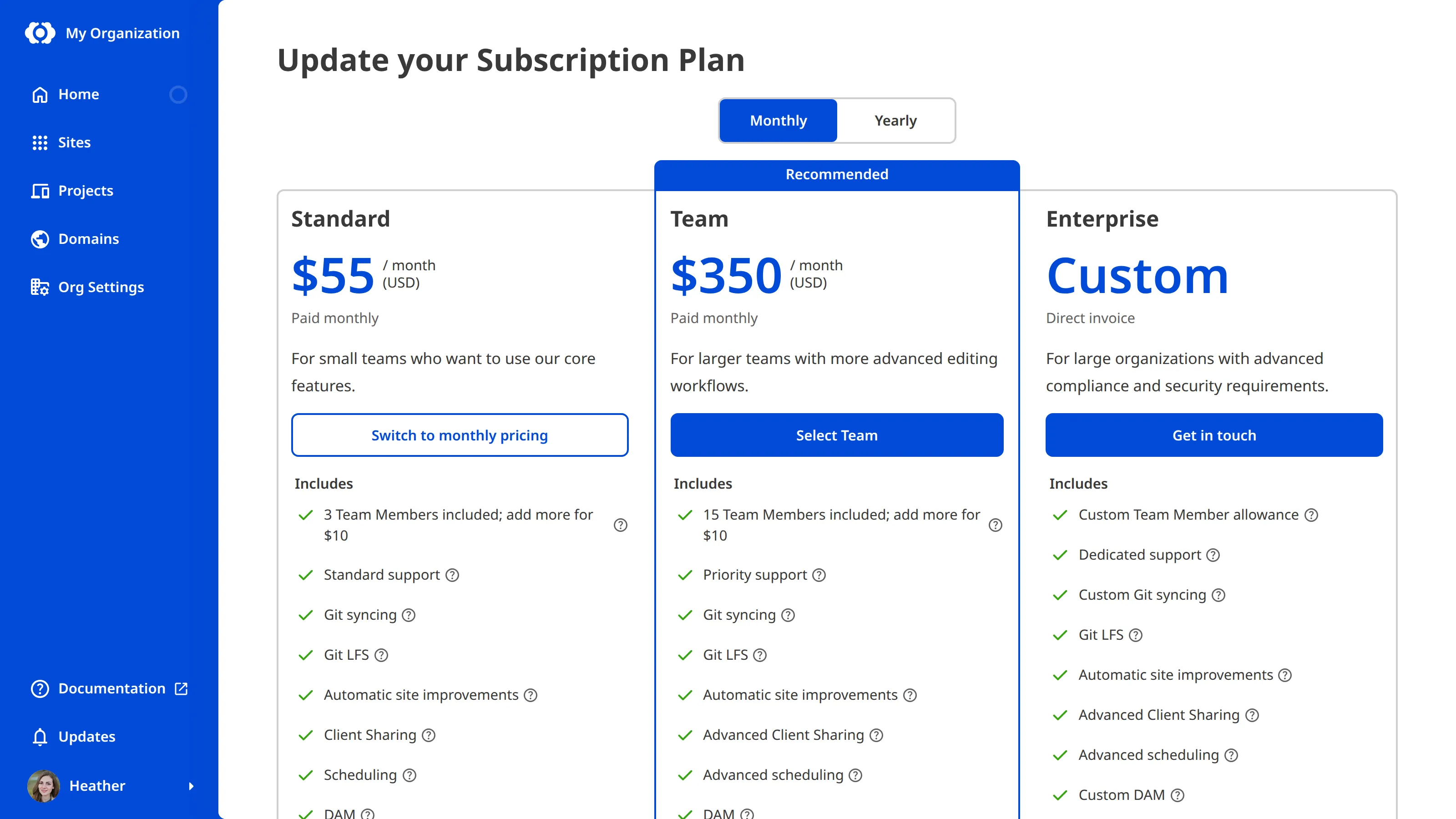 A screenshot of the Update your Subscription Plan page shows the Billing Period toggle and the available Plans.