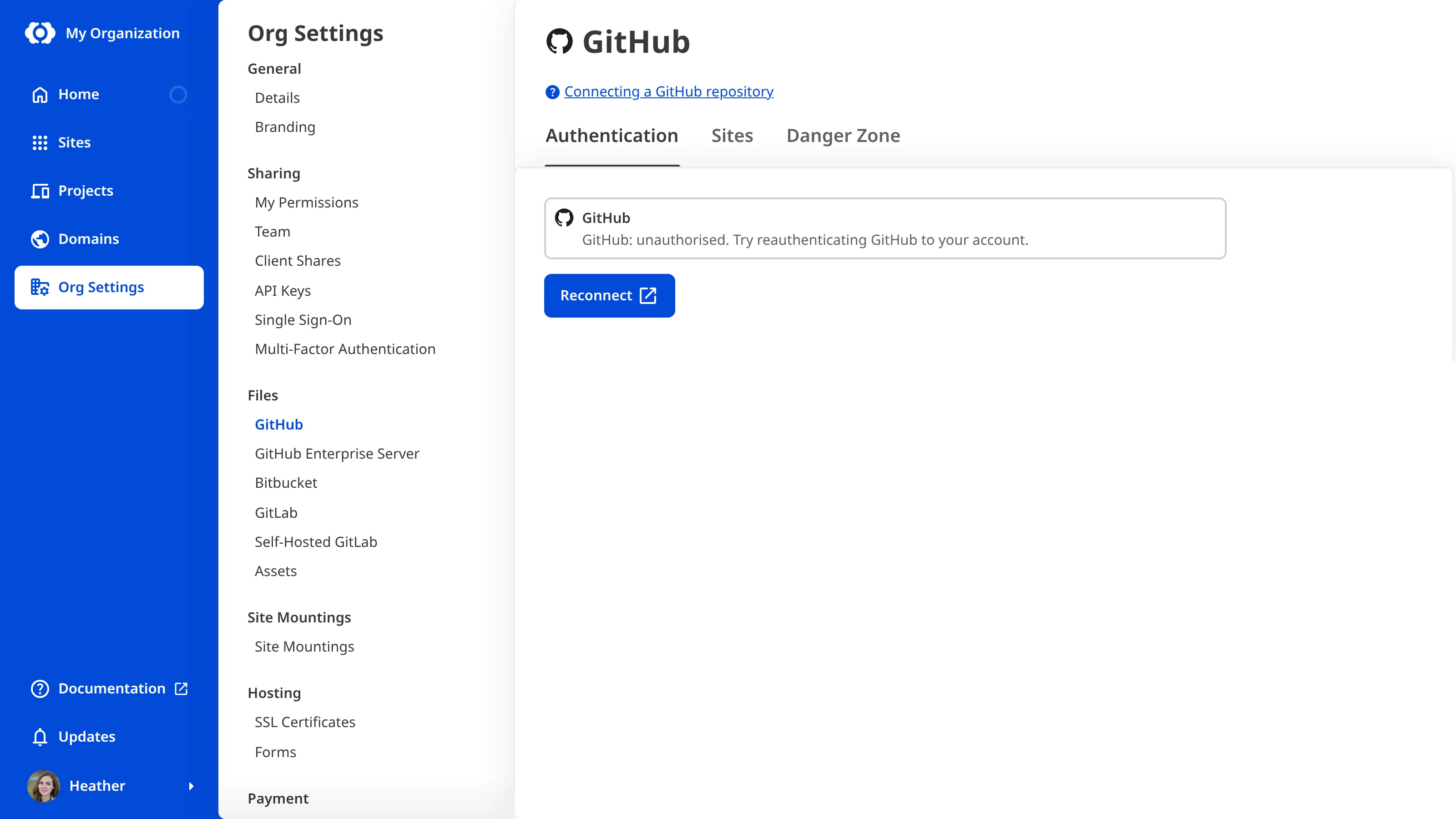 A screenshot of the Authentication tab on the GitHub page under Org Settings shows an error message and a Reconnect button.