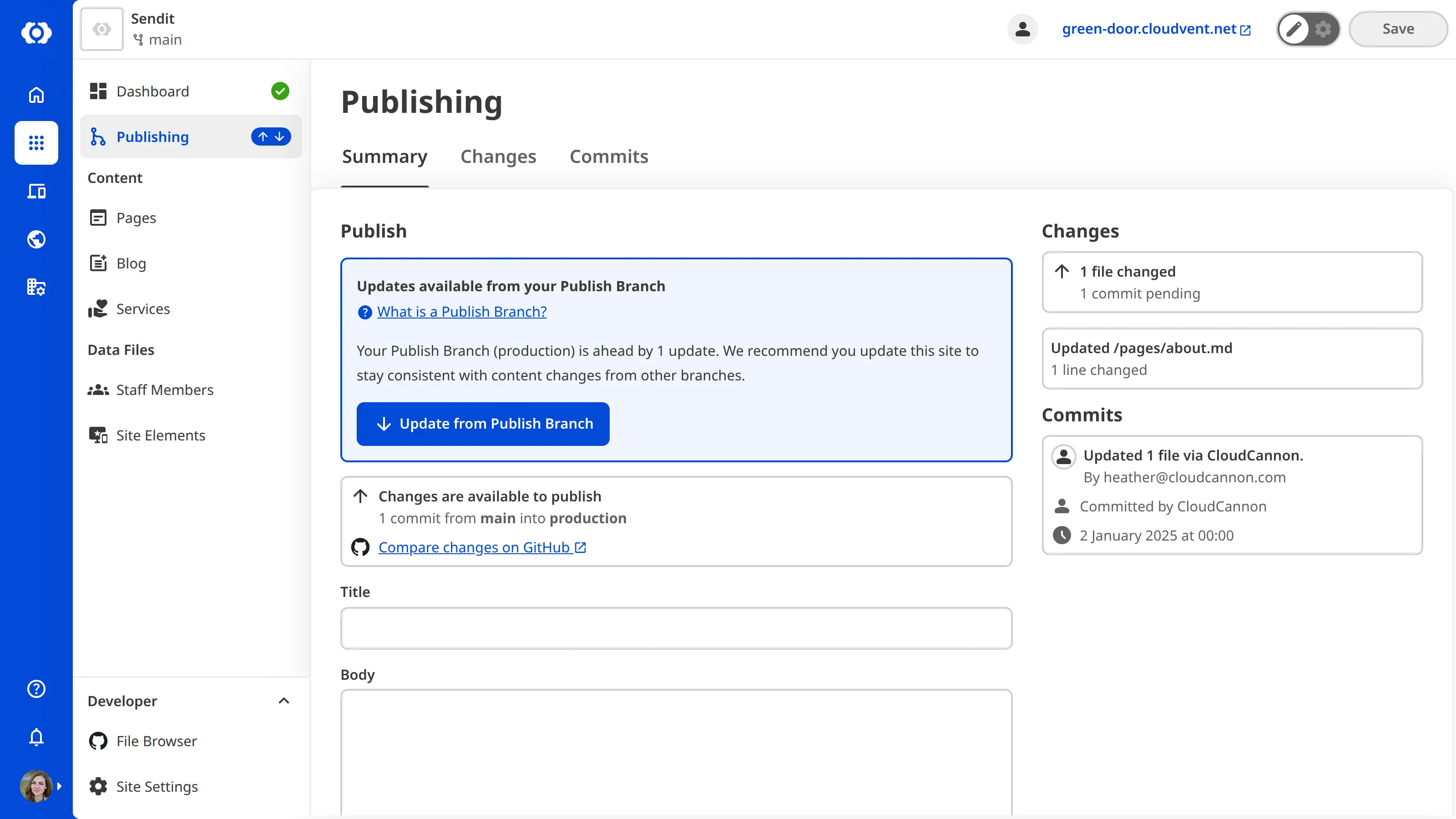 A screenshot of the Publishing page shows the Updates available from your Publish Branch notification and the Update from Publish Branch button.