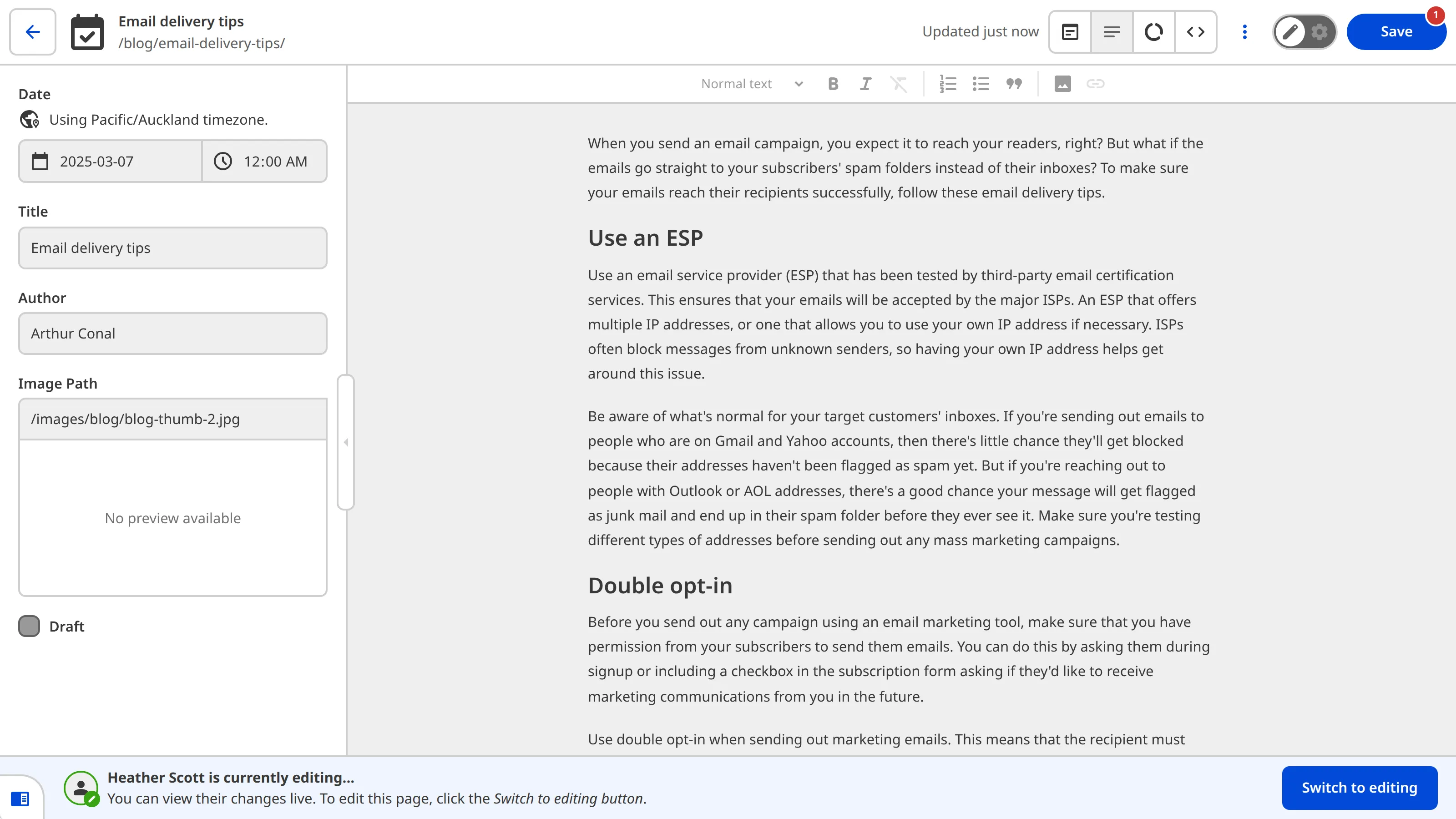 A screenshot of the Content Editor in read-only mode, with a banner at the bottom to switch to editing.