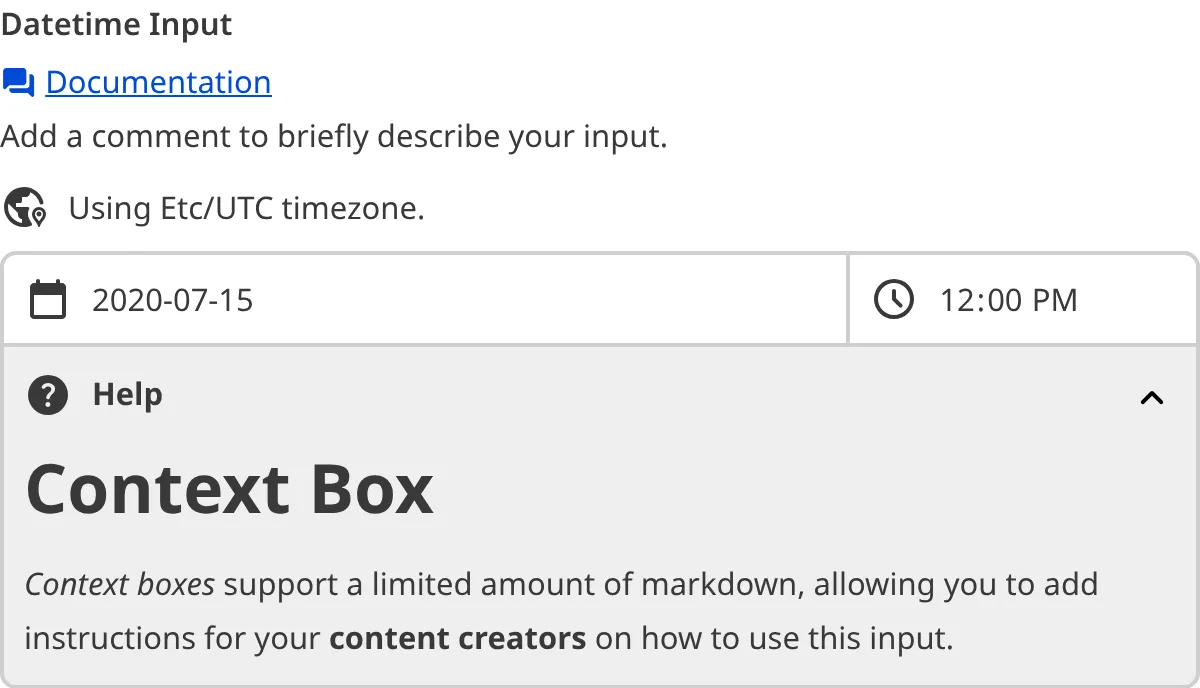 The Datetime Input with Context Box A screenshot of the Datetime Input in the Data Editor with a Context Box underneath the text field.