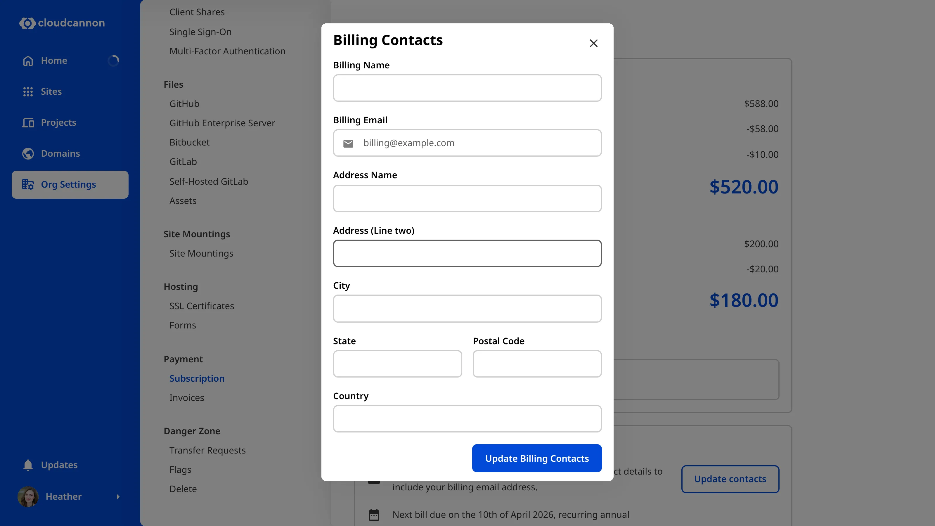 The Billing Contacts page Screenshot of adding your Billing email and address to your CloudCannon invoices.