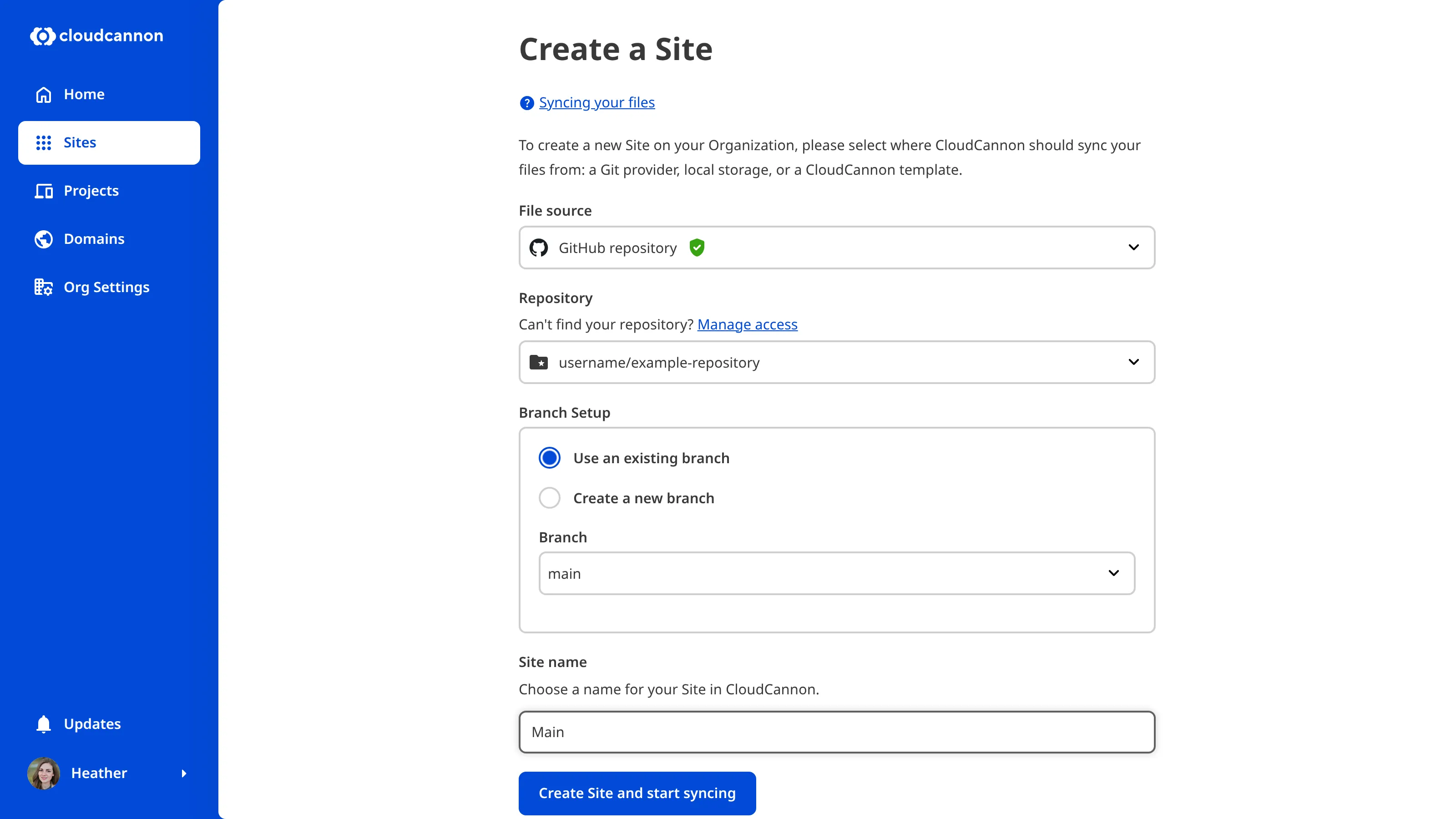 A screenshot of the Create a Site page within a Project, showing the repository, branch selection, and Site name fields.