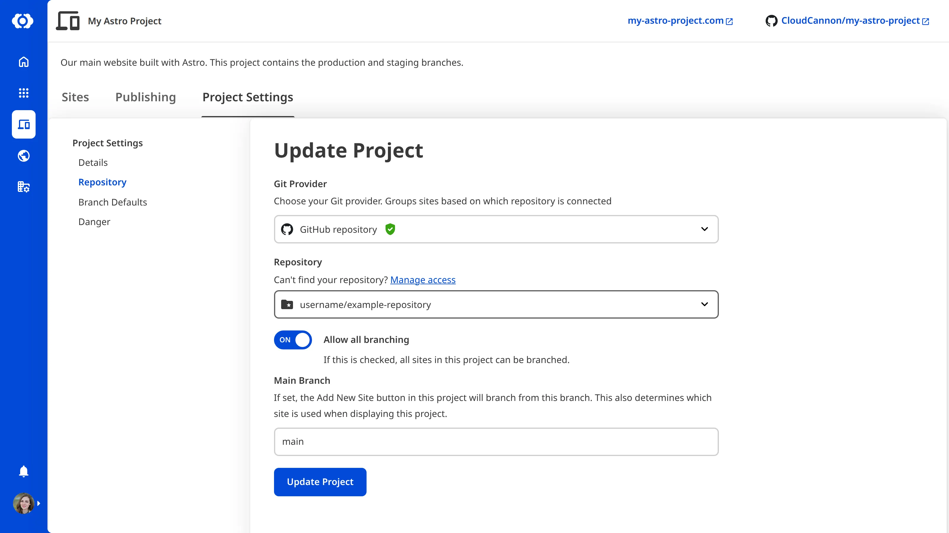 The Repository section in Project Settings A screenshot of the Repository section in Project Settings, showing the Git Provider, Repository, and Main Branch fields.