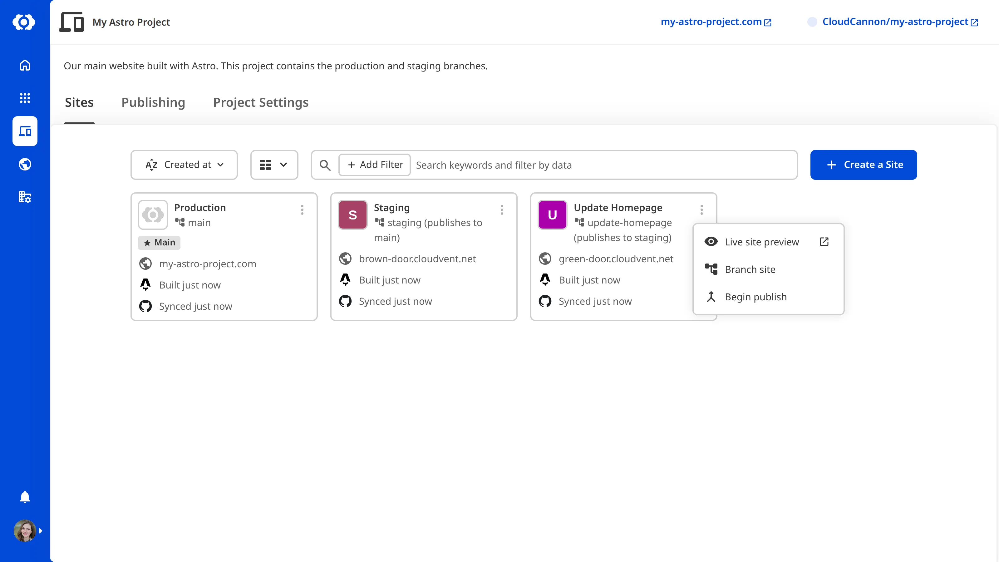 A screenshot of the Project Sites Browser showing the context menu open on a Site card, with the Branch Site option visible.