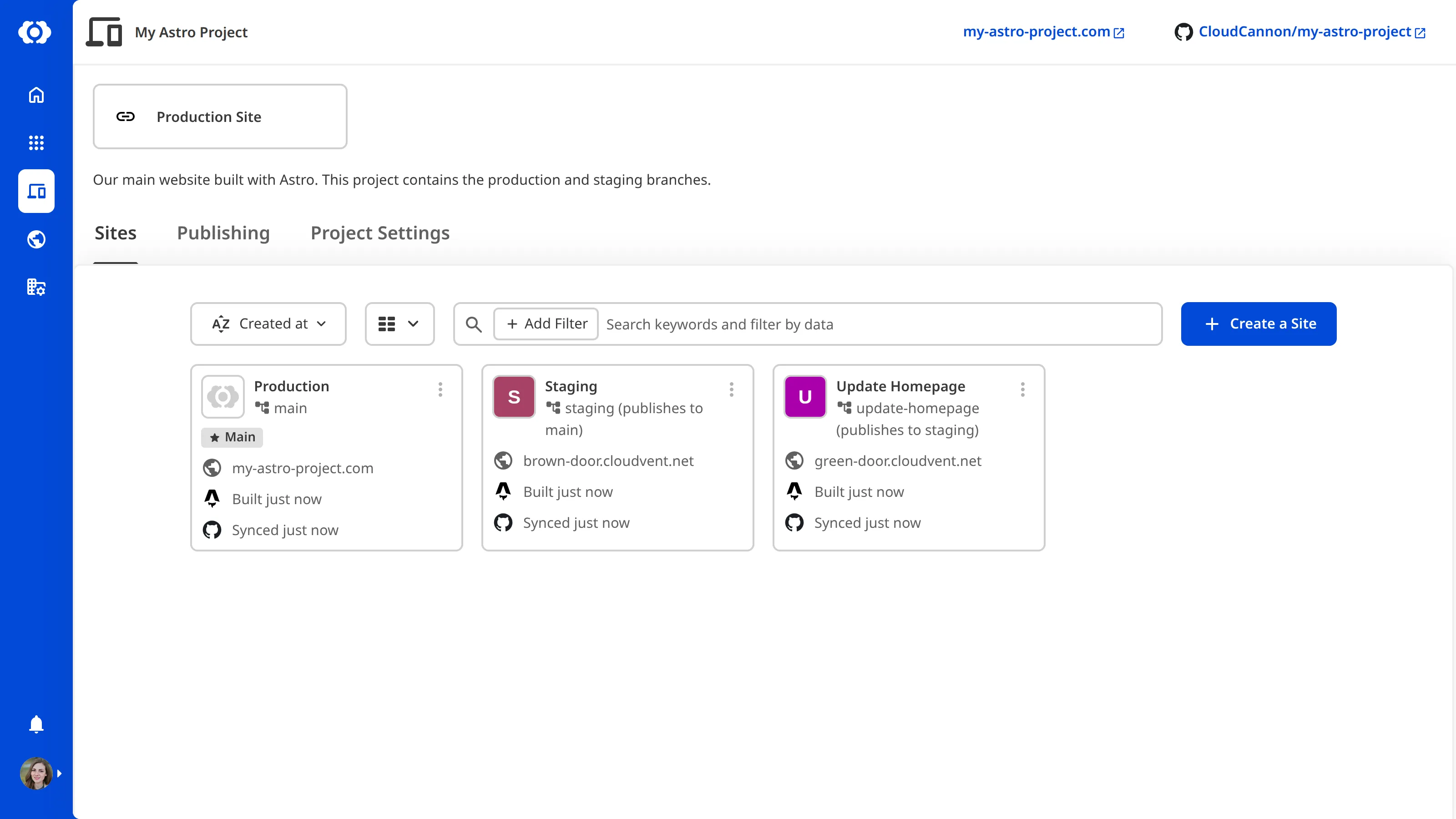 A screenshot of the Project page showing the Sites tab with multiple Sites connected to different branches.