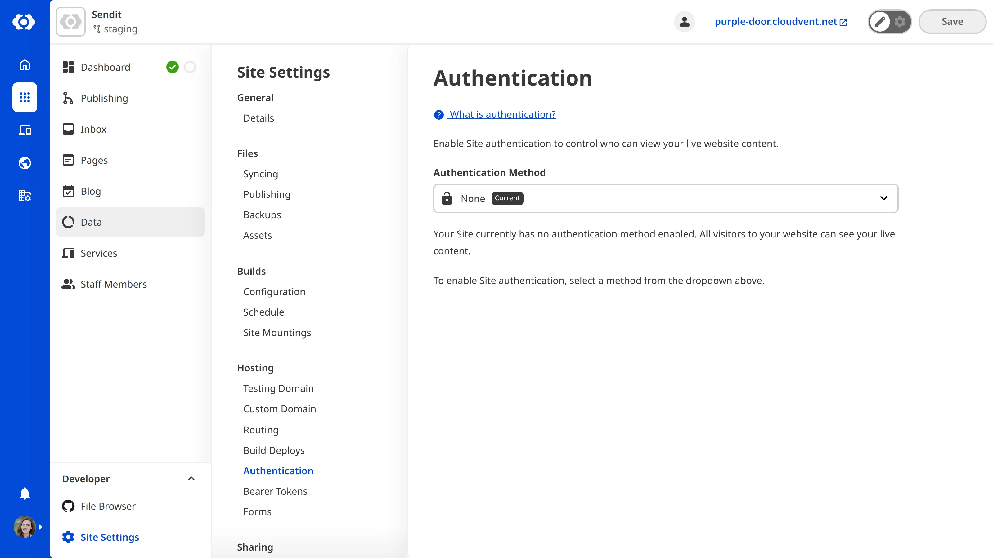 The Authentication Page A screenshot of the Authentication page under Site Settings shows that no authentication method has been selected for this site.