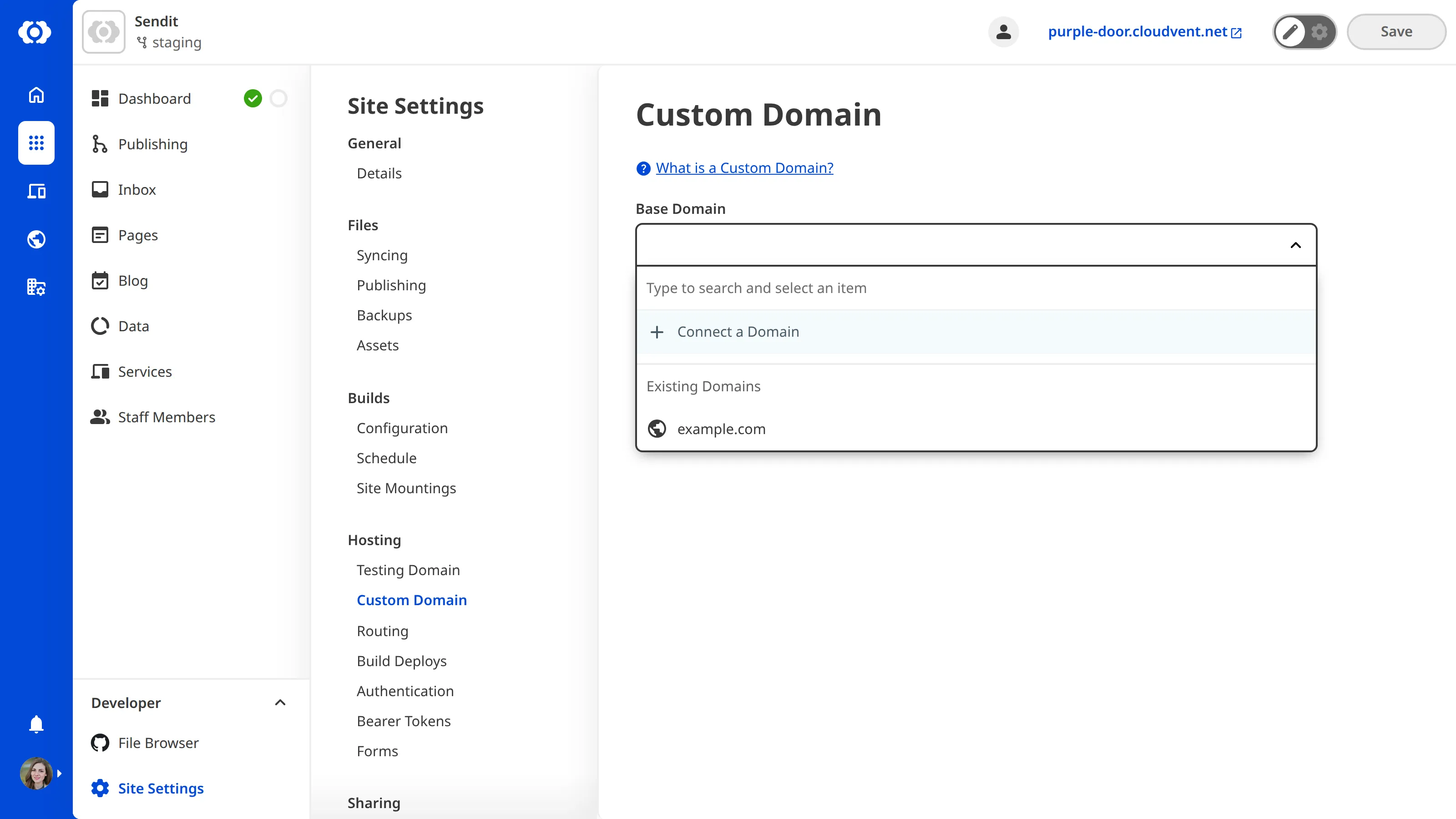 The Custom Domain page A screenshot of the Custom Domain page under Site Settings shows the Base Domain dropdown to select a connected domain.