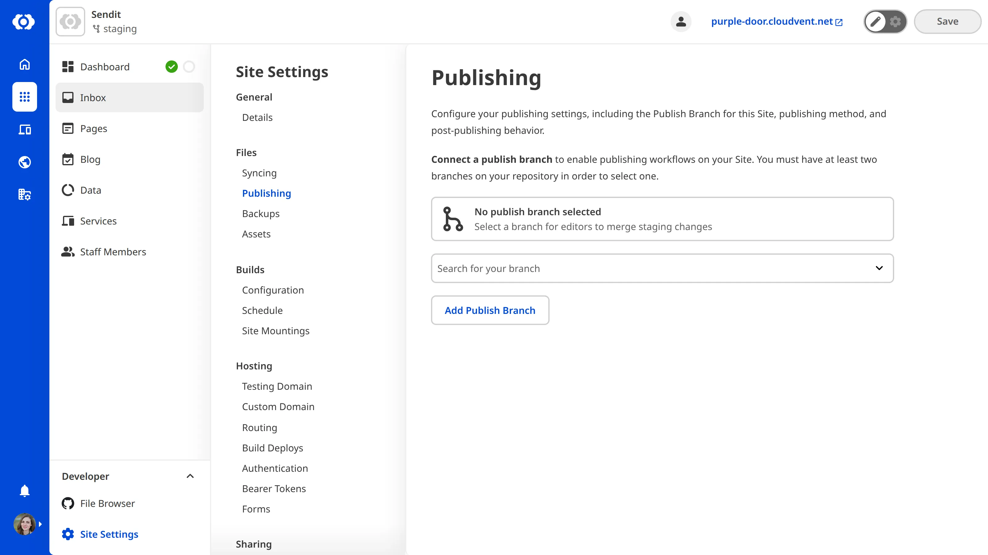A screenshot of the Publishing page shows the empty state with a search field and button to add a Publish Branch.