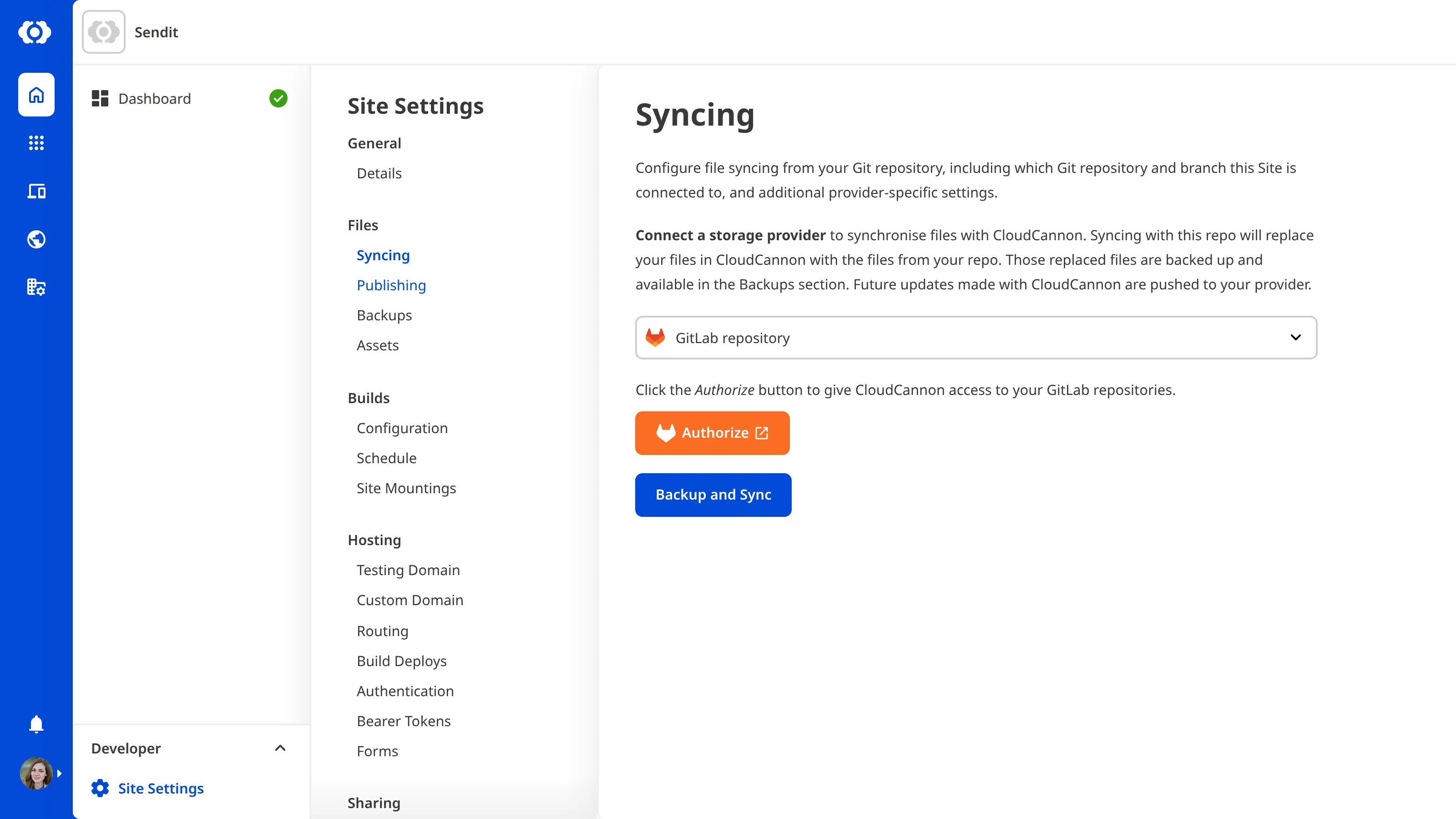 The Syncing page with GitLab selected The Site Settings Syncing page with GitLab repository selected from the provider dropdown and an Authenticate button.