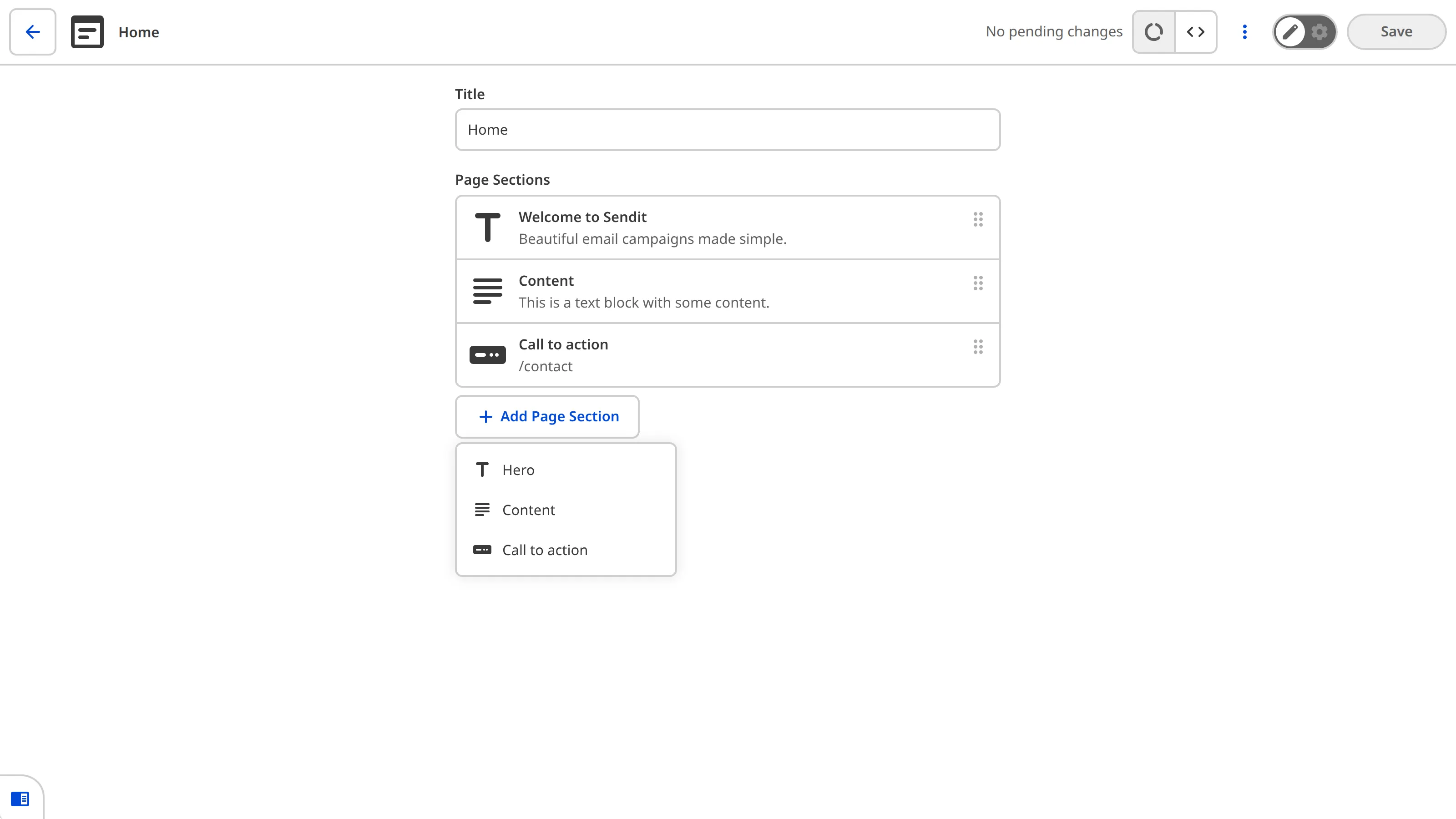 The sidebar of the Content Editor The sidebar of the Content Editor shows a Page Sections array with Hero, Content, and Call to action items, and a dropdown to add more.