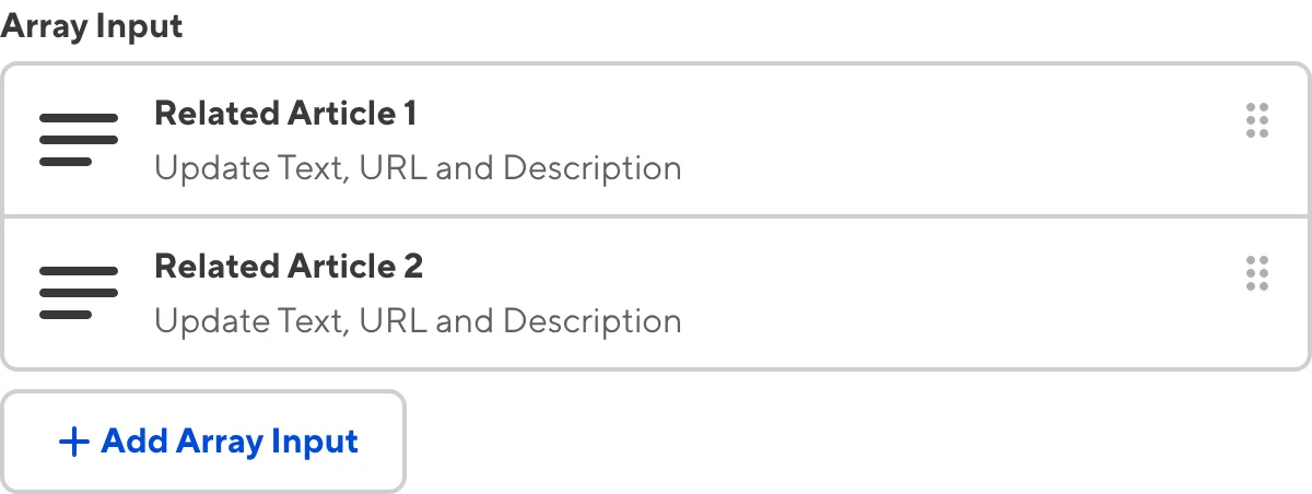 A screenshot of the Array Input in the Data Editor shows a two preview cards in a list.