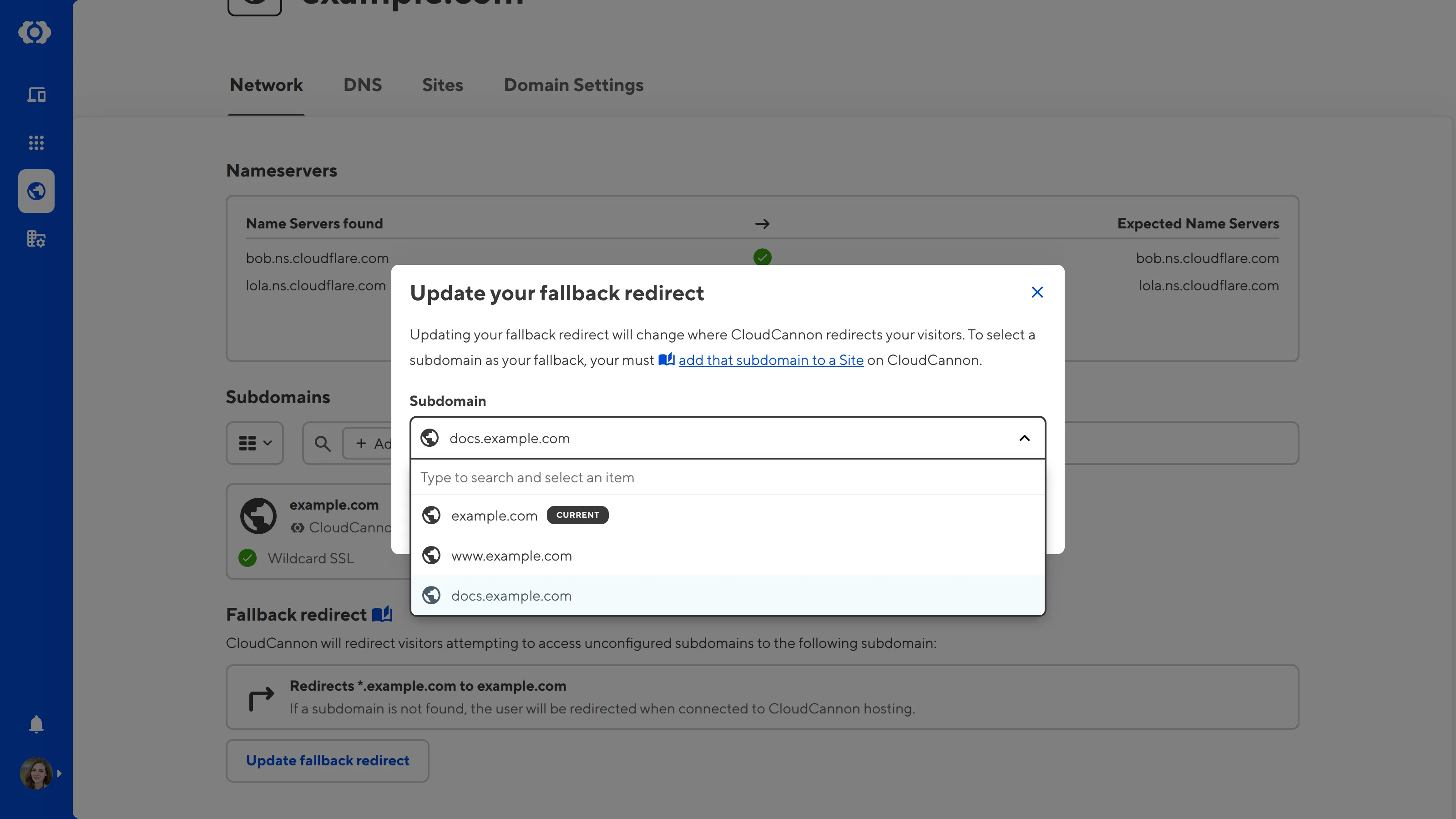 A screenshot of the Update your fallback redirect modal on the Network tab shows a Subdomain dropdown for selecting a new fallback redirect.