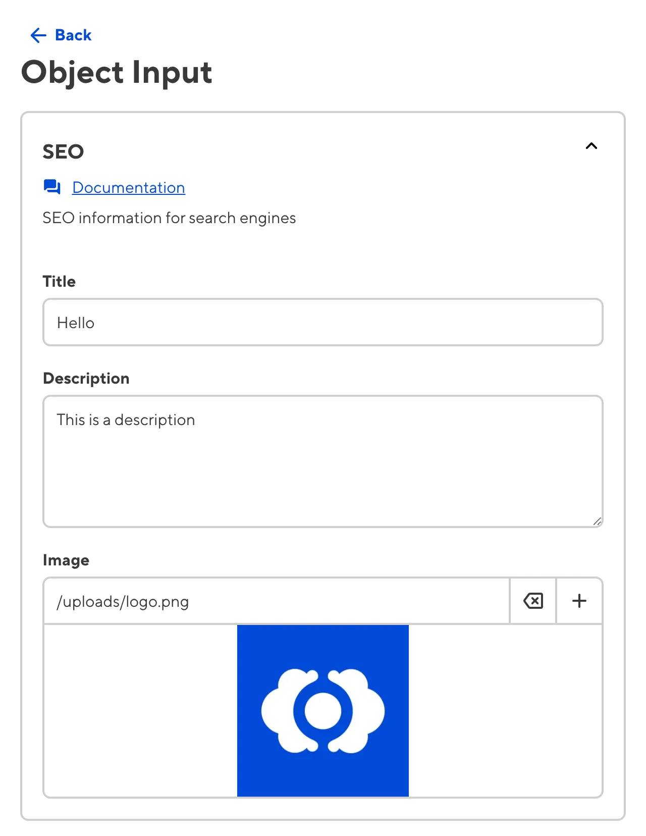 A screenshot of the nested content within an Object Input in the Data Editor shows groups, heading, documentation links, and comments.