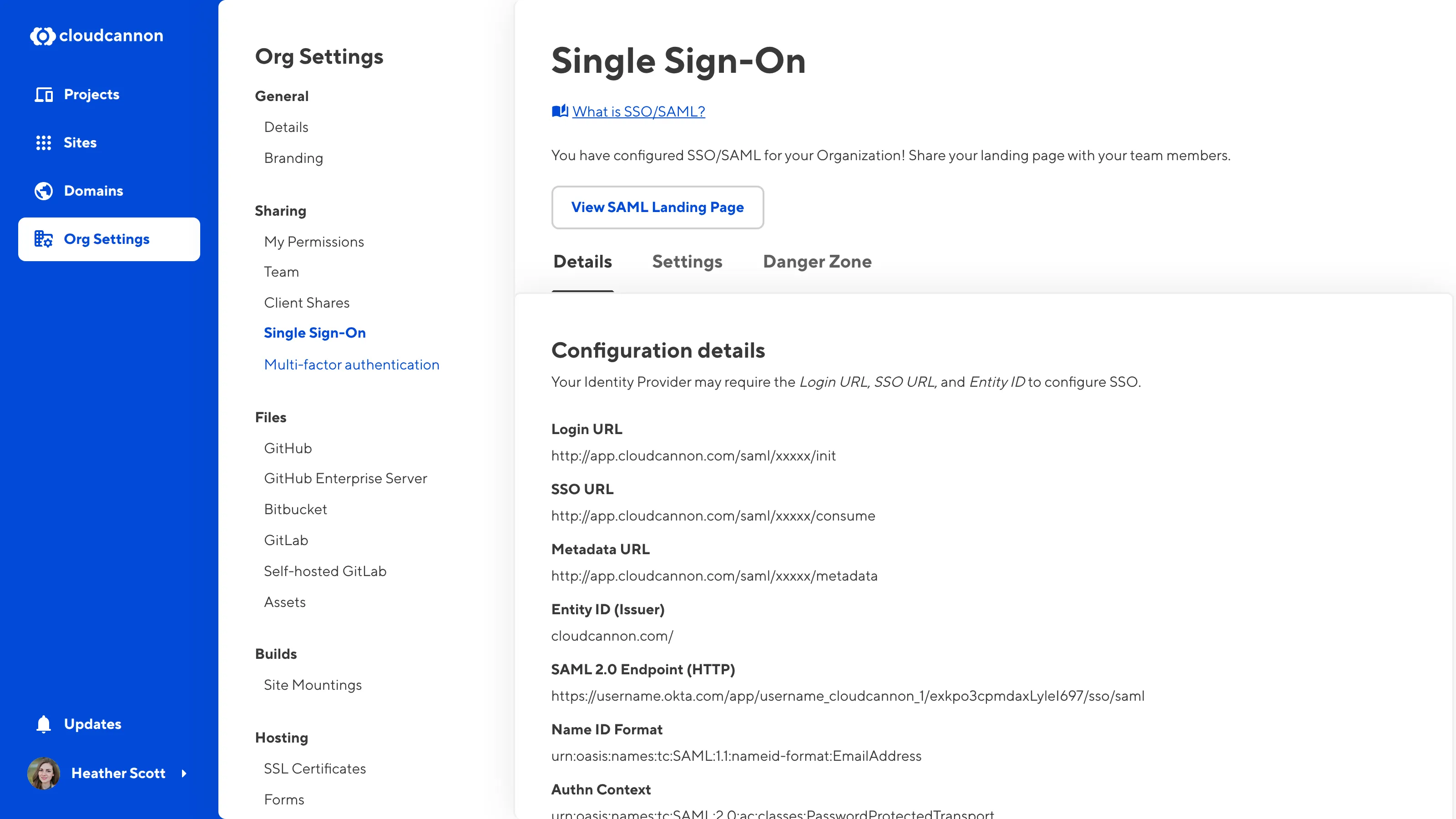 The Single Sign-On page A screenshot of the Details Tab on the Single Sign-On page shows the details of your SSO configuration.