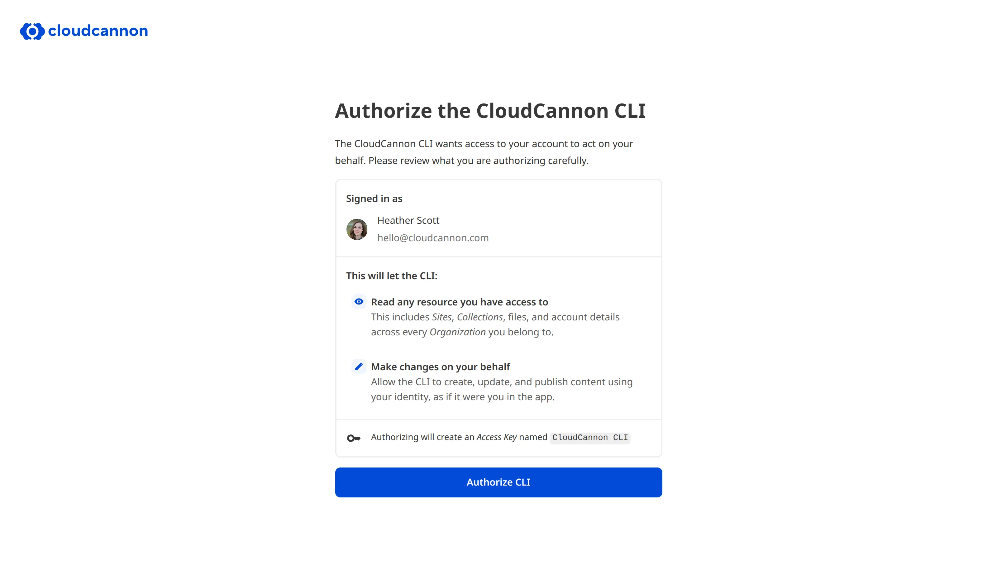 The Authorize the CloudCannon CLI page A screenshot of the Authorize the CloudCannon CLI page shows the access the CLI is requesting and the Authorize CLI button.