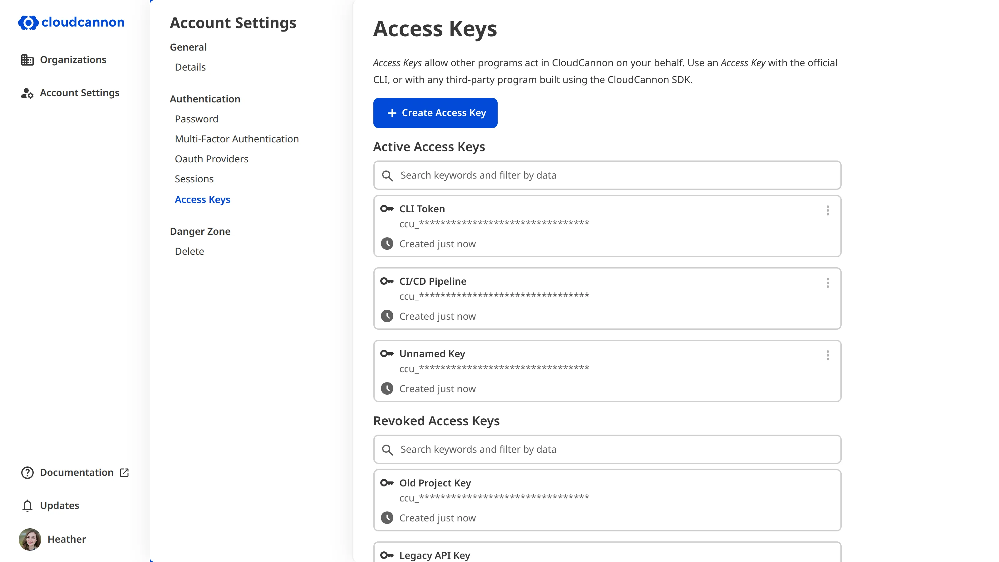 The Access Keys page A screenshot of the Access Keys page in Account Settings shows the Create Access Key button above the Active Access Keys and Revoked Access Keys lists.